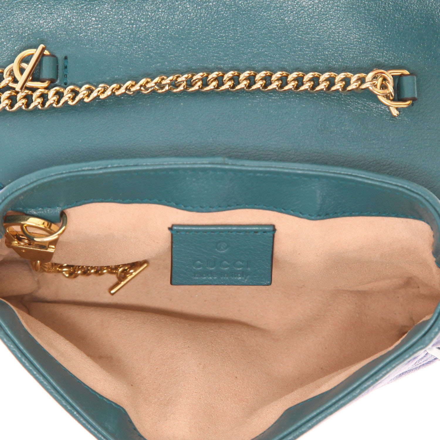 Borsa a tracolla Gucci GG Marmont mini in pelle trapuntata blu e verde - Detail D3