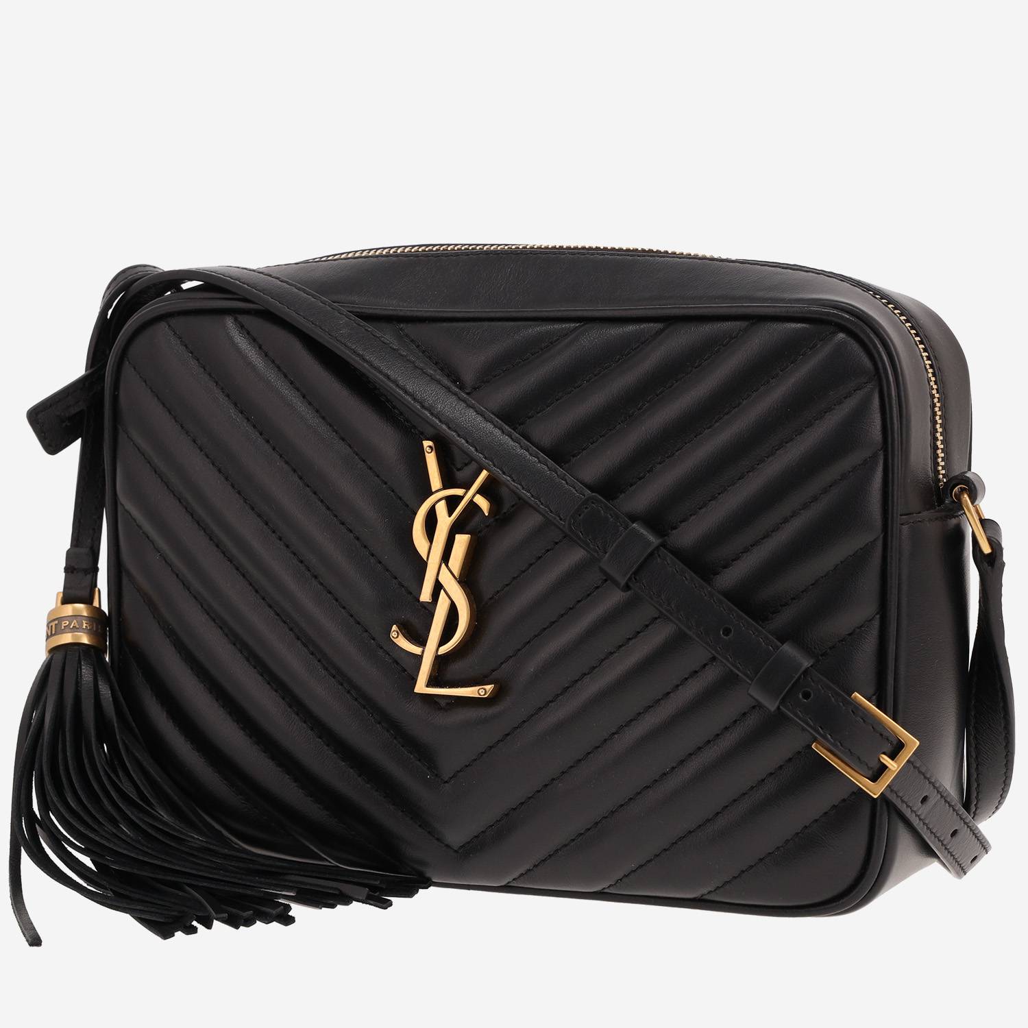 Saint Laurent Lou Camera Shoulder Bag in Noir herringbone-quilted leather