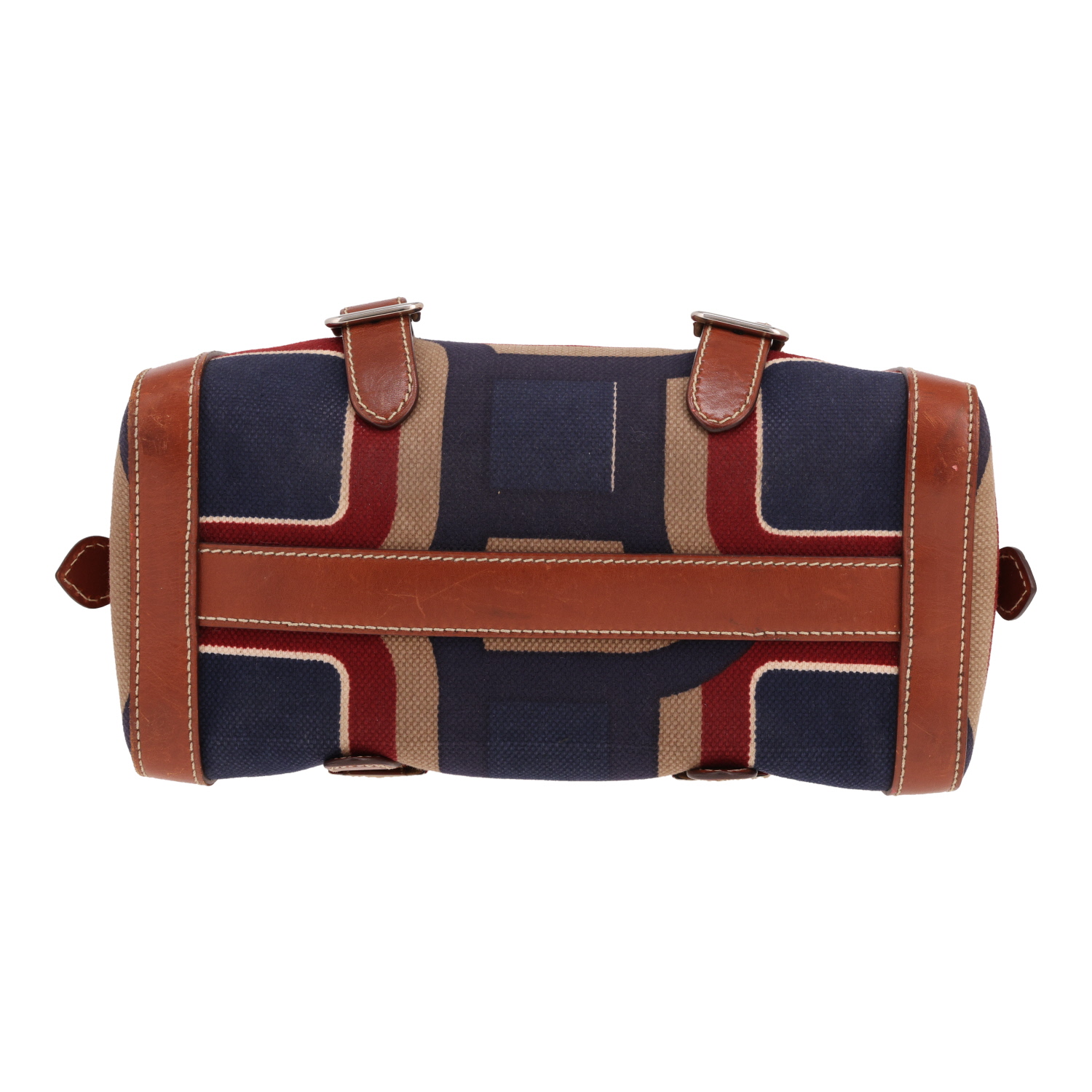 Prada handbag   in blue, red and beige canvas and brown leather - Detail D1