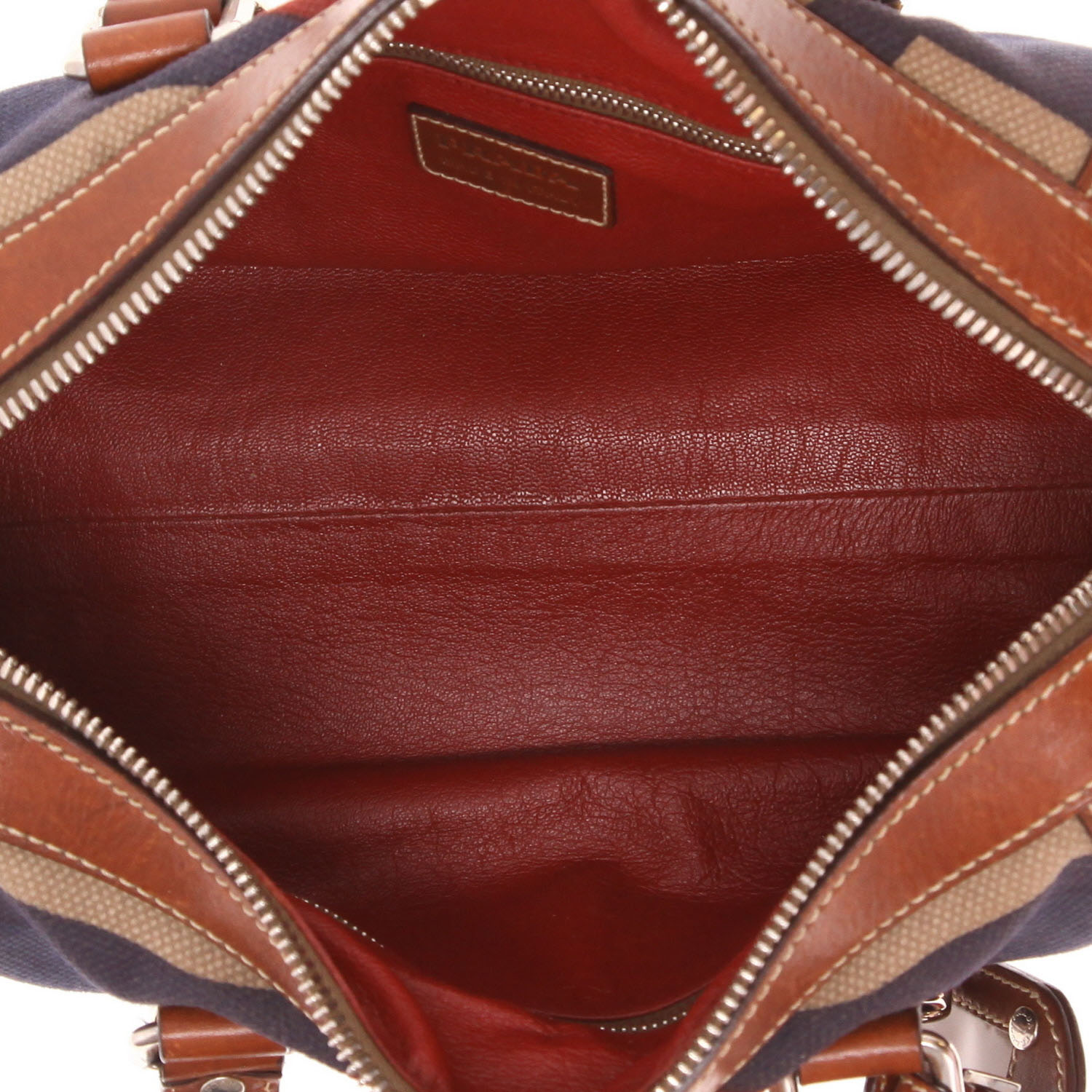 Borsa Prada   in tela blu, rossa e beige e pelle marrone - Detail D3