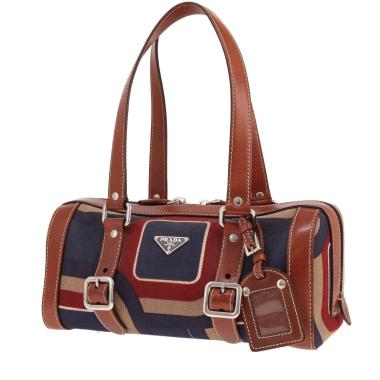 Borsa Prada   in tela blu, rossa e beige e pelle marrone