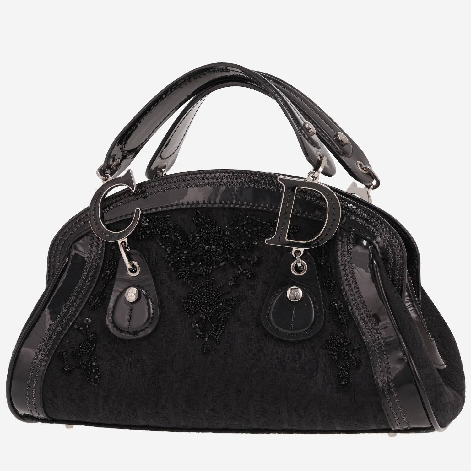 Sac à main Dior  Vintage en toile siglée noire et cuir verni noir