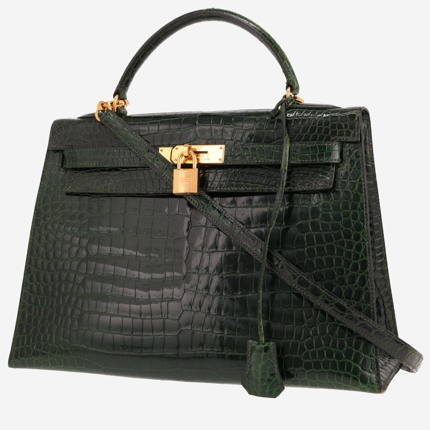Hermès Kelly 32 cm handbag in green porosus crocodile leather
