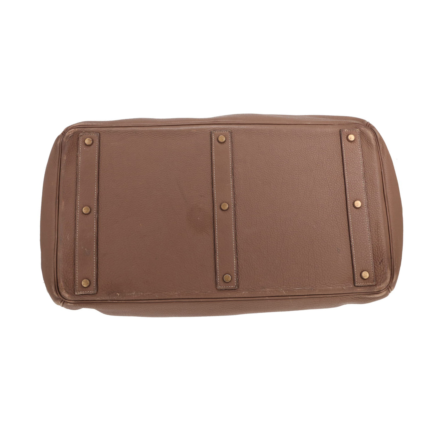 Hermès travel bag  Top with straps in Togo leather Étoupe in straw colour - Detail D1