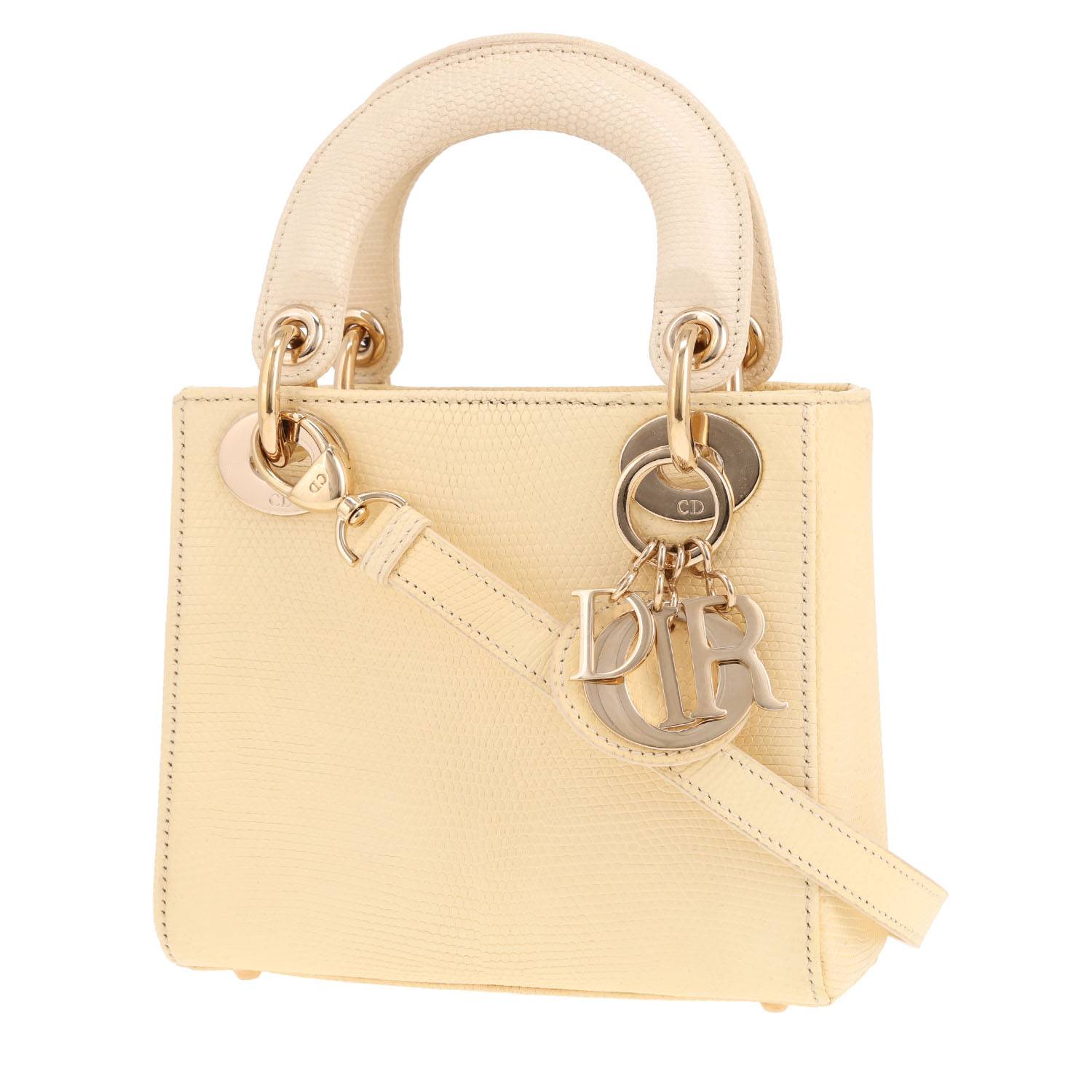 Sac à main Dior Lady Dior mini en lézard jaune et crème