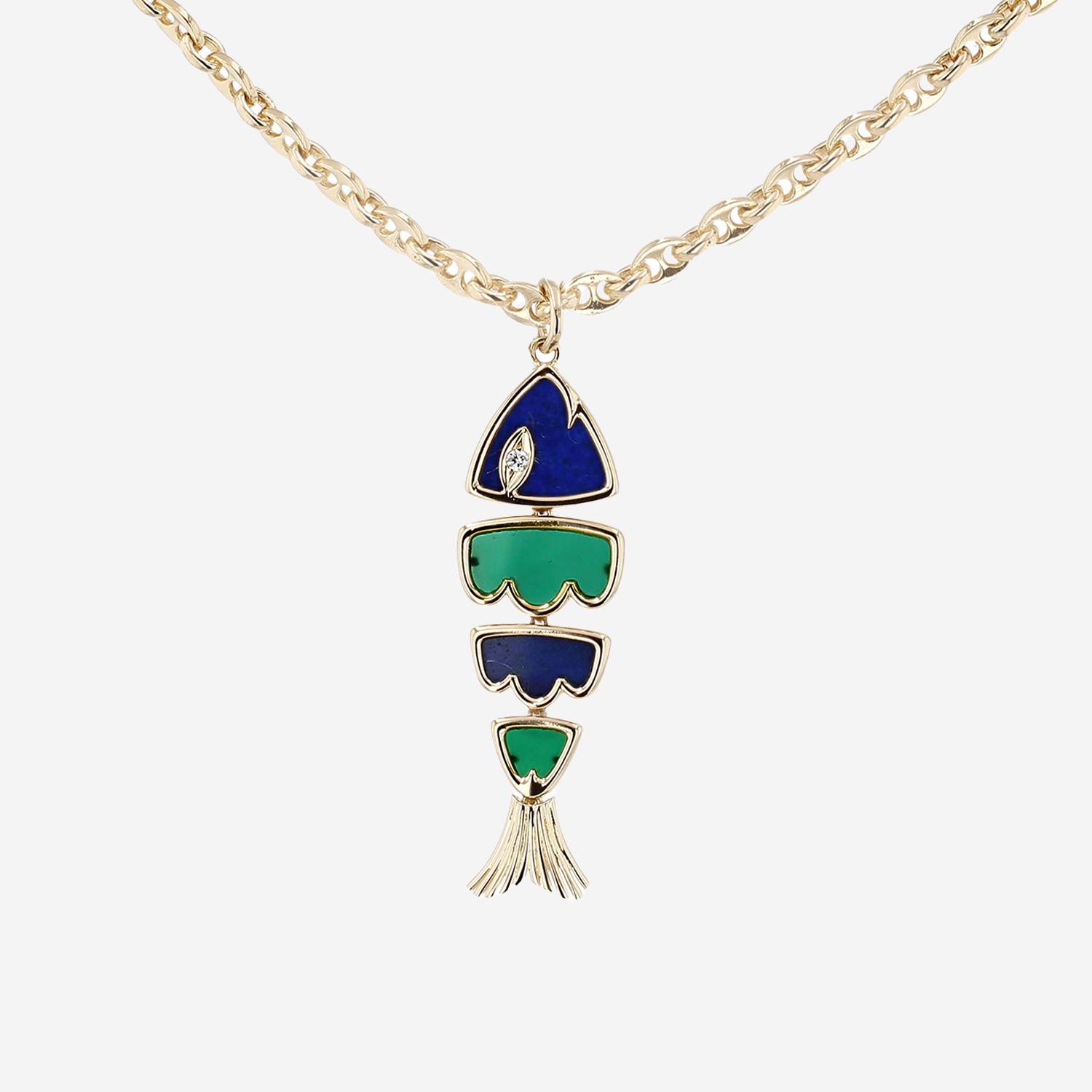 Collier Vintage  en or jaune, lapis-lazuli et chrysoprase