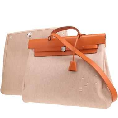 Bolso Hermès «Herbag» de lona beige y piel de vaca «Hunter»