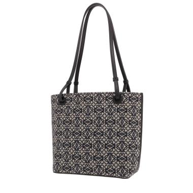 Borsa shopping Loewe in tela con logo bianco e nero e pelle nera