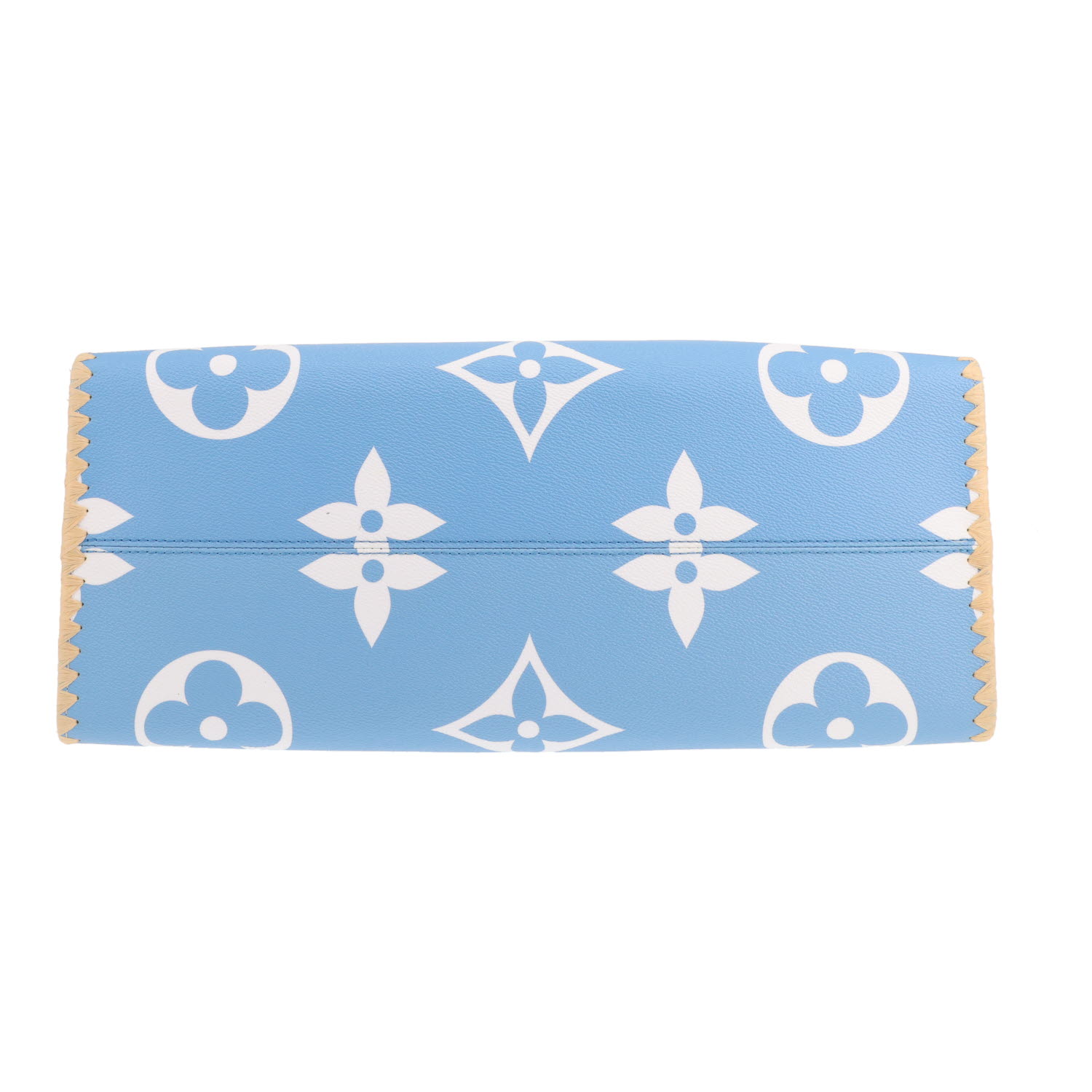 Louis Vuitton Onthego large tote bag in two-tone blue and white Monogram canvas and raffia - Detail D1