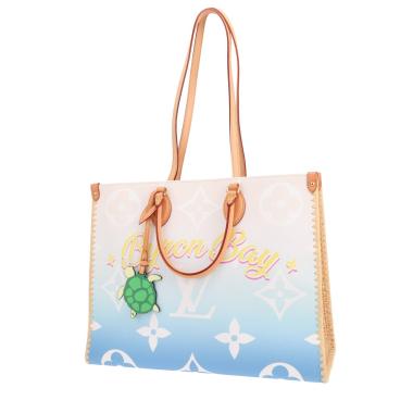Sac cabas Louis Vuitton  Onthego grand modèle  en toile monogram deux tons bleue et blanche et raffia