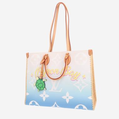 Bolso de mano Louis Vuitton «Onthego», modelo grande, de lona Monogram bicolor (azul y Blanc) y rafia