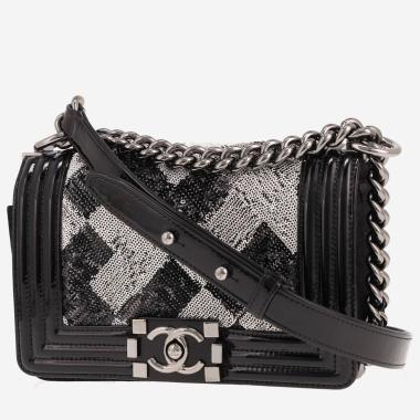 Sac bandoulière Chanel  Boy petit  en sequin noir et argenté et cuir noir