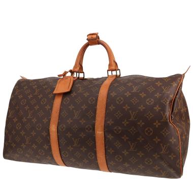 Sac de voyage Louis Vuitton  Keepall 55 en toile monogram marron et cuir naturel