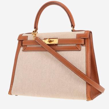 Sac à main Hermès  Kelly 28 cm en cuir Courchevel gold et toile beige