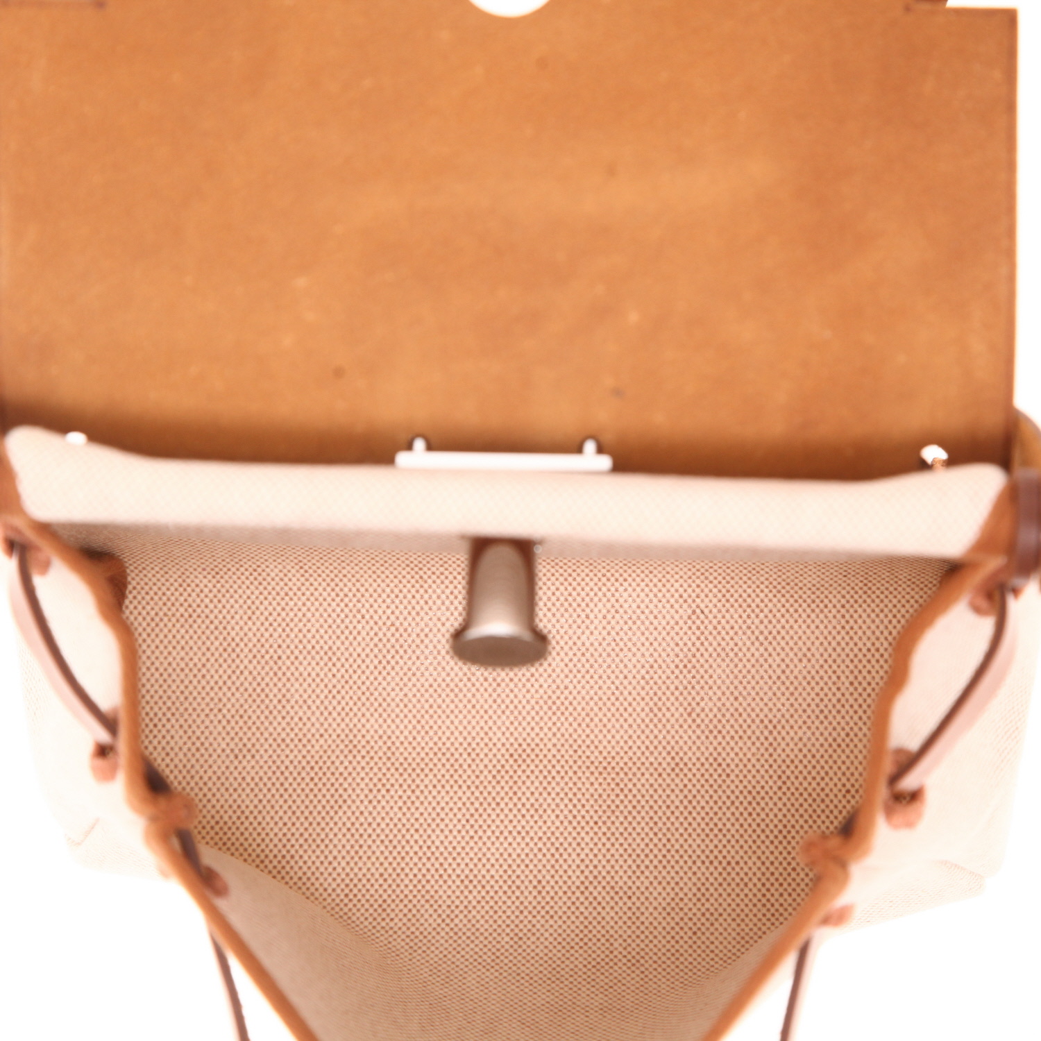 Hermès Mini Herbag shoulder bag in beige canvas and gold leather - Detail D3
