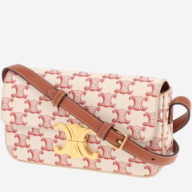 Celine Claude handbag in white and red Triomphe canvas and brown leather