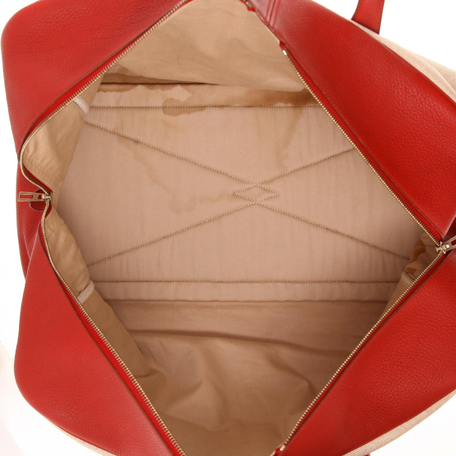 Borsa da viaggio Hermès Victoria - Travel Bag in tela beige e pelle rossa - Detail D3