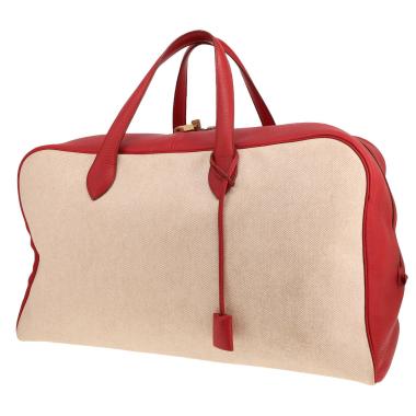 Hermès Victoria Travel Bag – Travel bag in beige canvas and red leather
