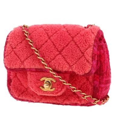 Bolso bandolera Chanel «Timeless Mini» en tweed rosa y rojo y piel lanada rosa