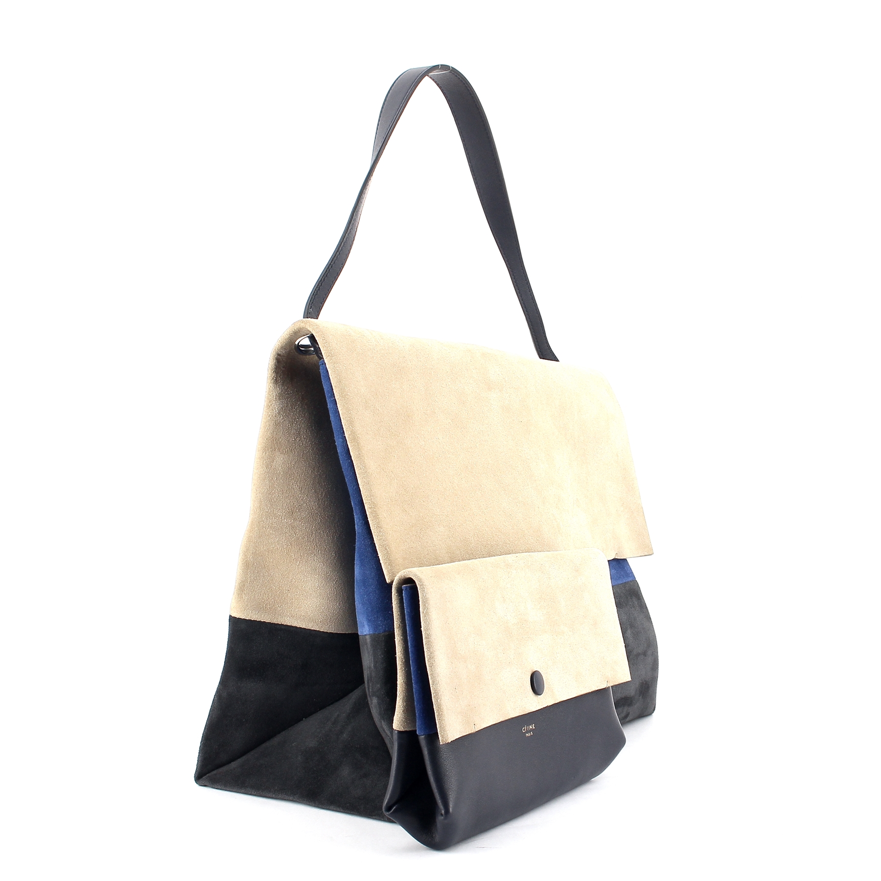 Borsa in camoscio tricolore beige blu e nero