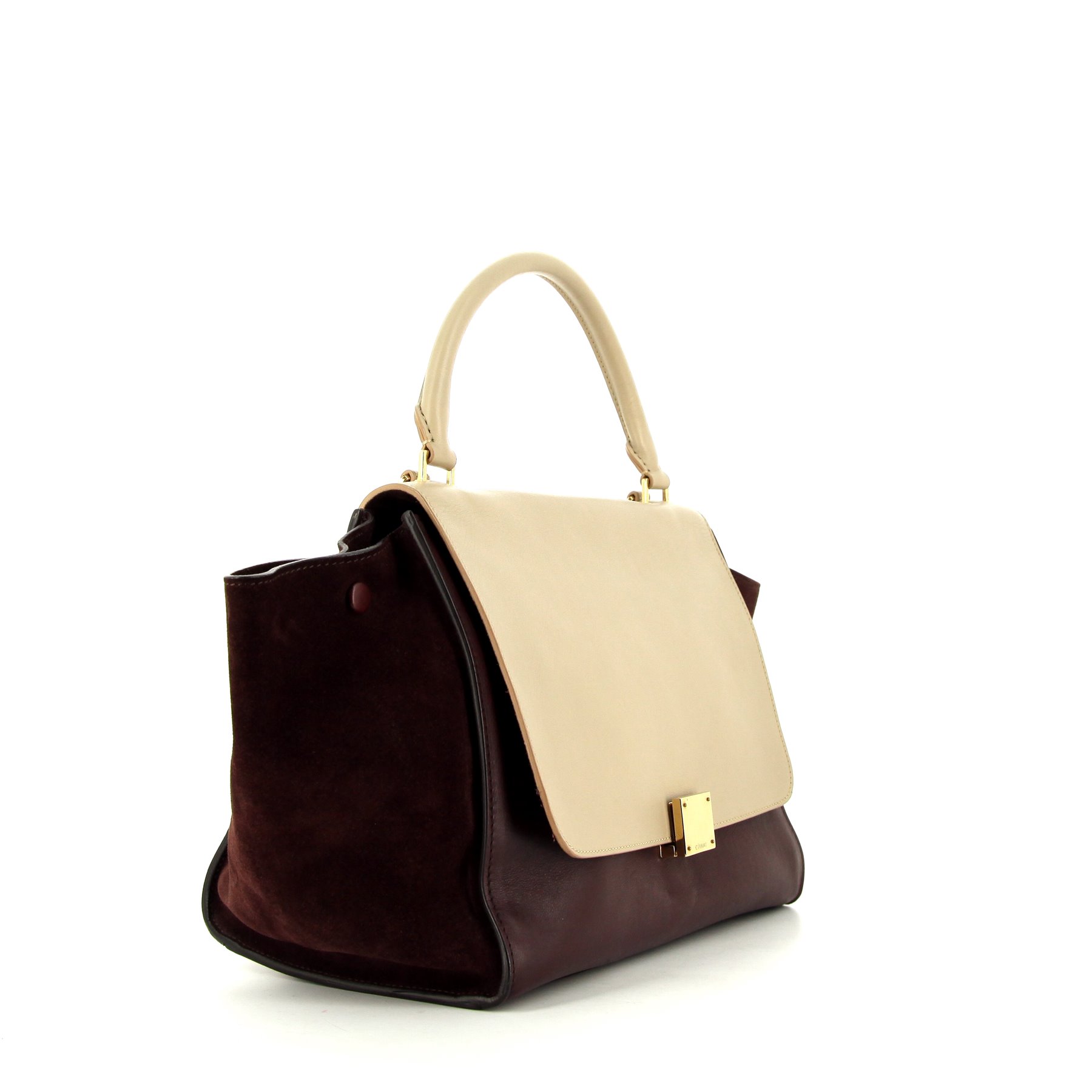 Celine Trapeze large model handbag in beige and burgundy leather and burgundy suede