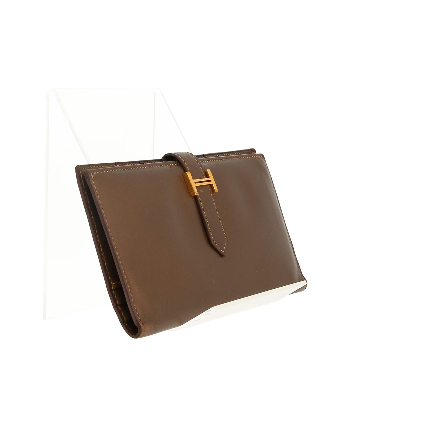 Portefeuille Hermès Béarn en cuir Swift bronze