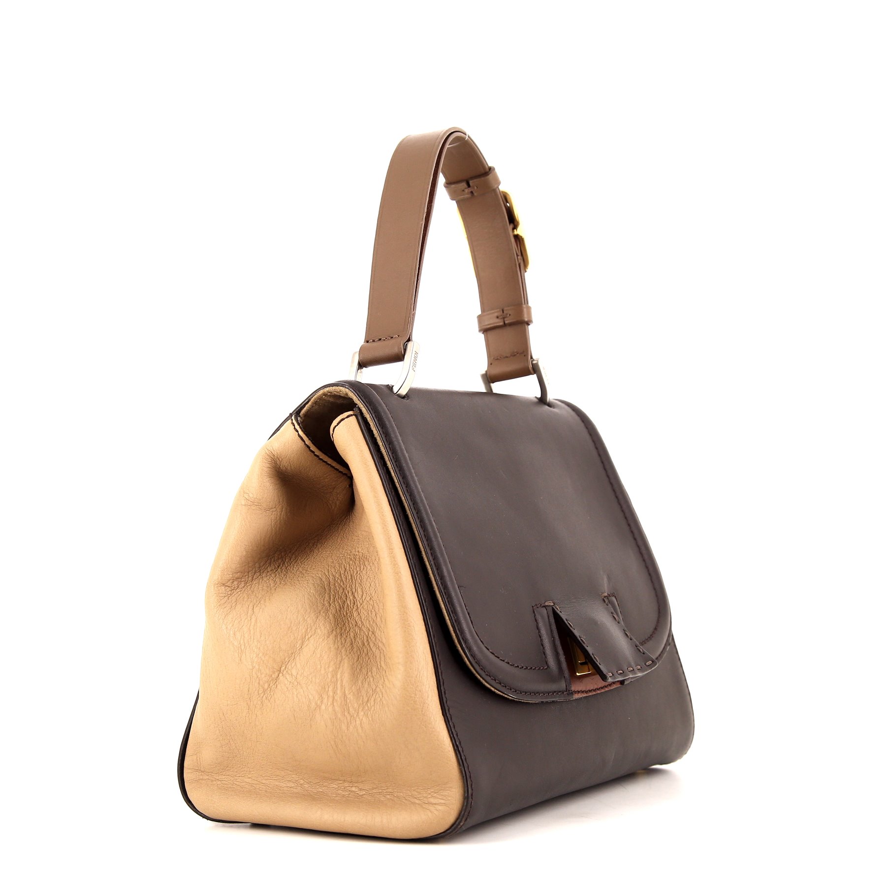 Sac porté épaule ou main Fendi Silvana en cuir marron-foncé et beige