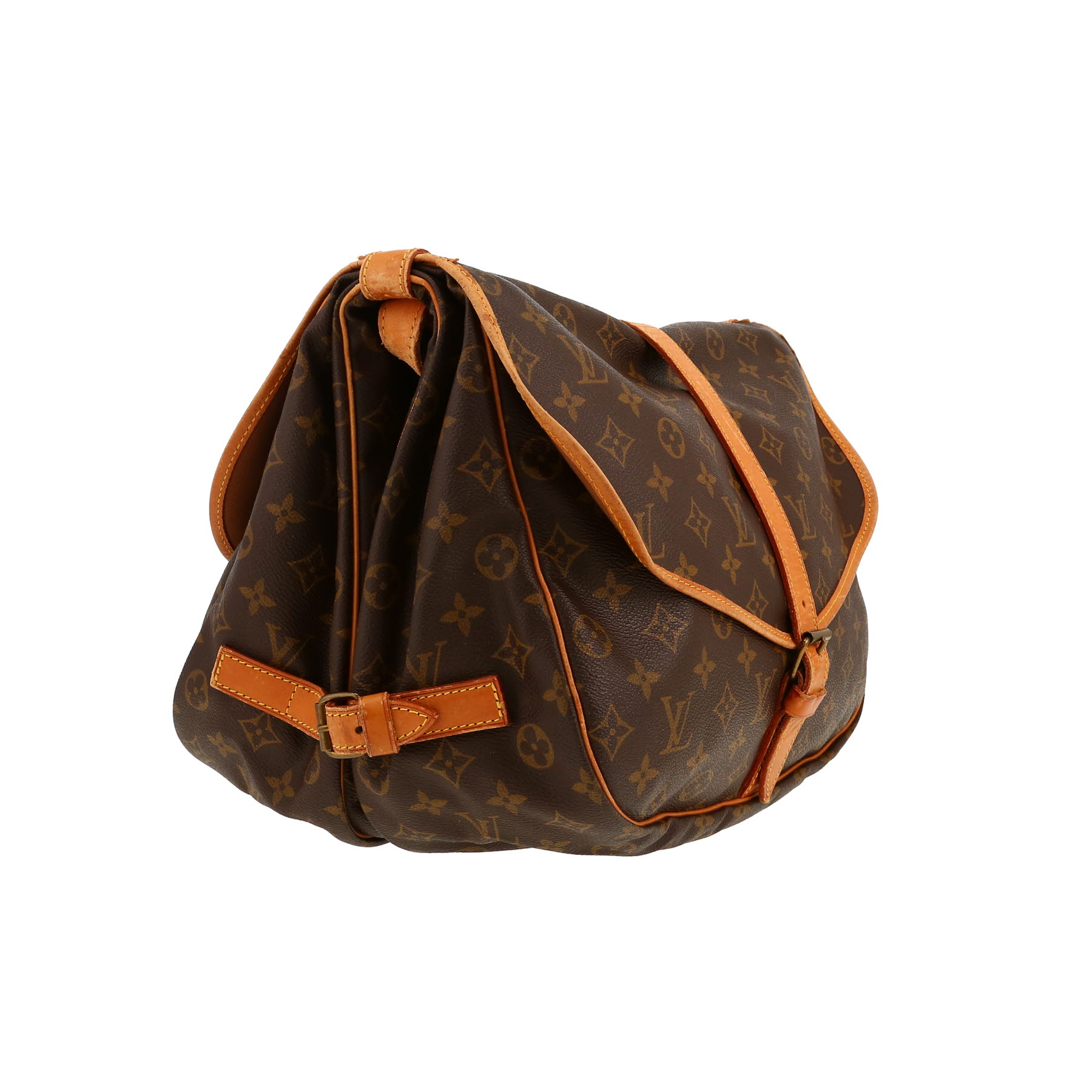 Sac bandoulière Louis Vuitton  Saumur moyen modèle  en toile monogram enduite marron et cuir naturel