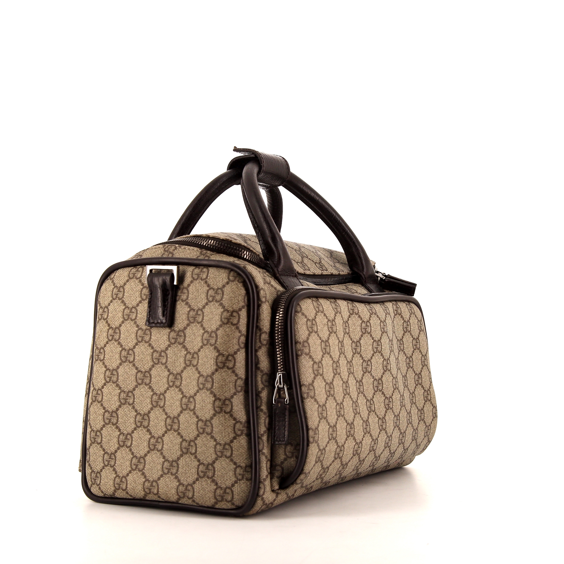 Gucci small travel bag in beige monogram canvas and brown leather