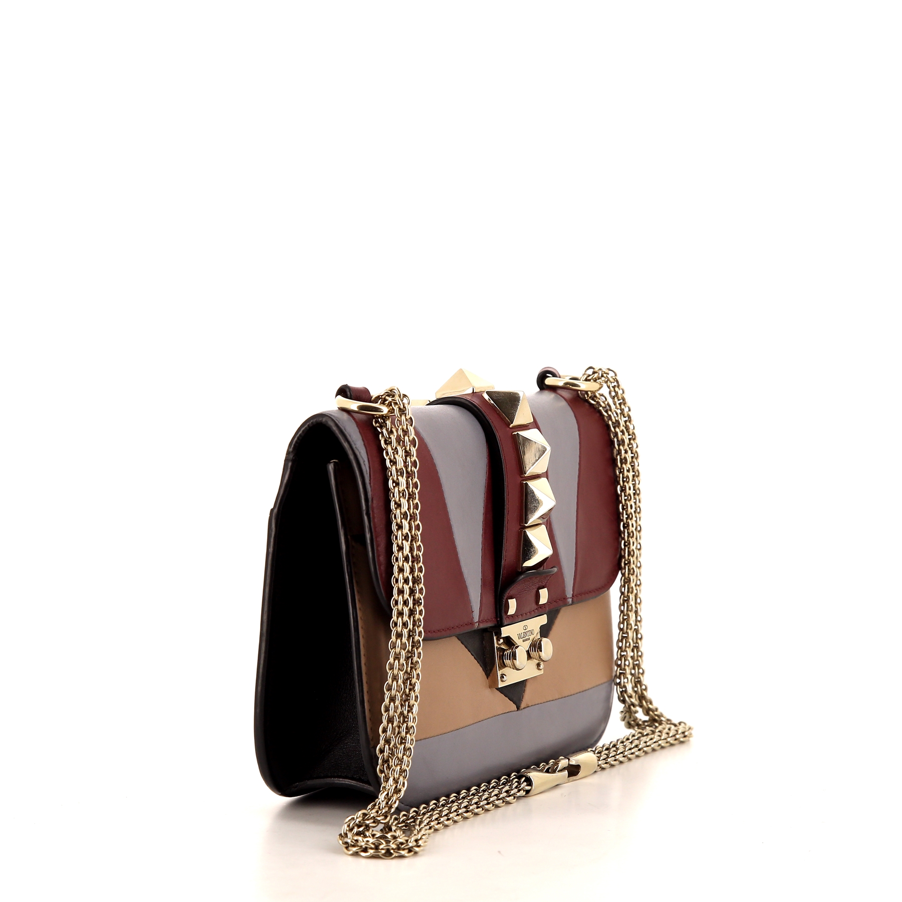 Borsa Valentino Garavani Rockstud Lock in pelle multicolore bordeaux grigia beige e marrone
