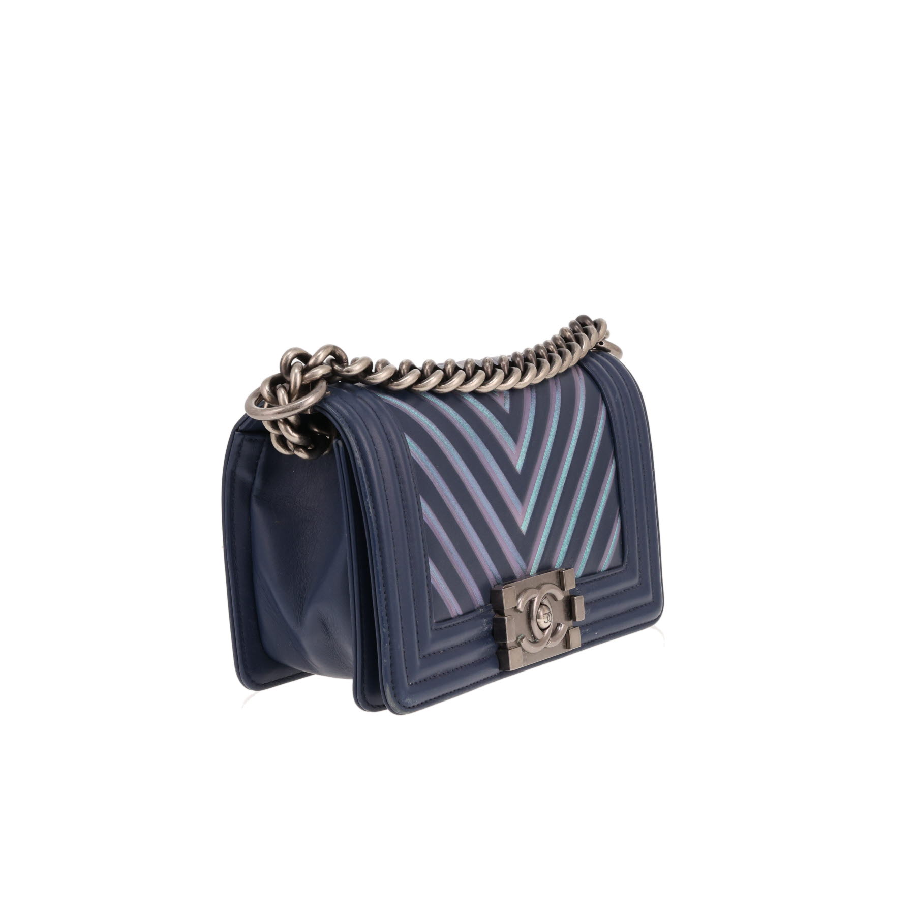 Bolso bandolera Chanel Boy modelo pequeño en cuero azul, verde y violeta