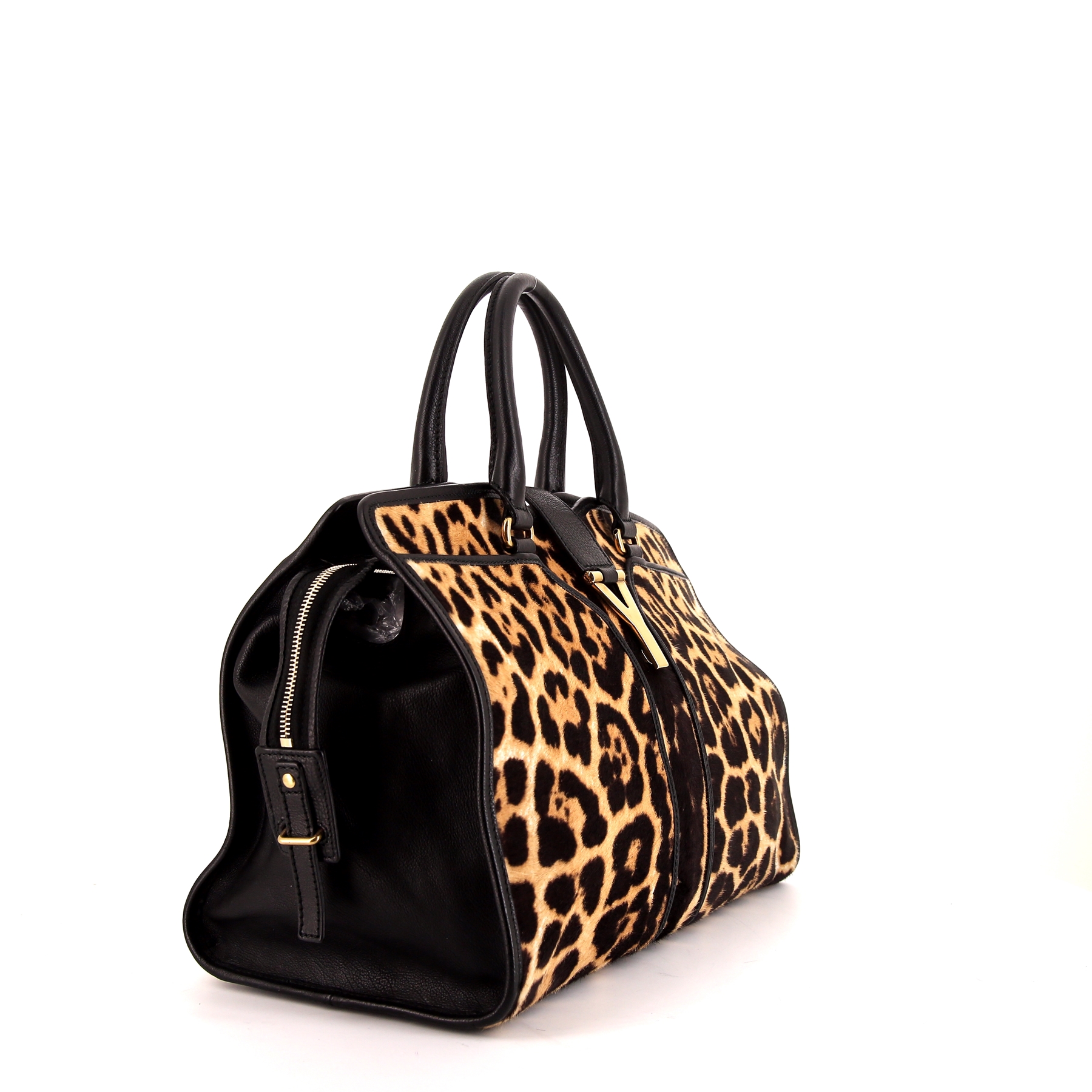 Borsa Yves Saint Laurent Chyc in puledro beige con stampa leopardata e pelle nera