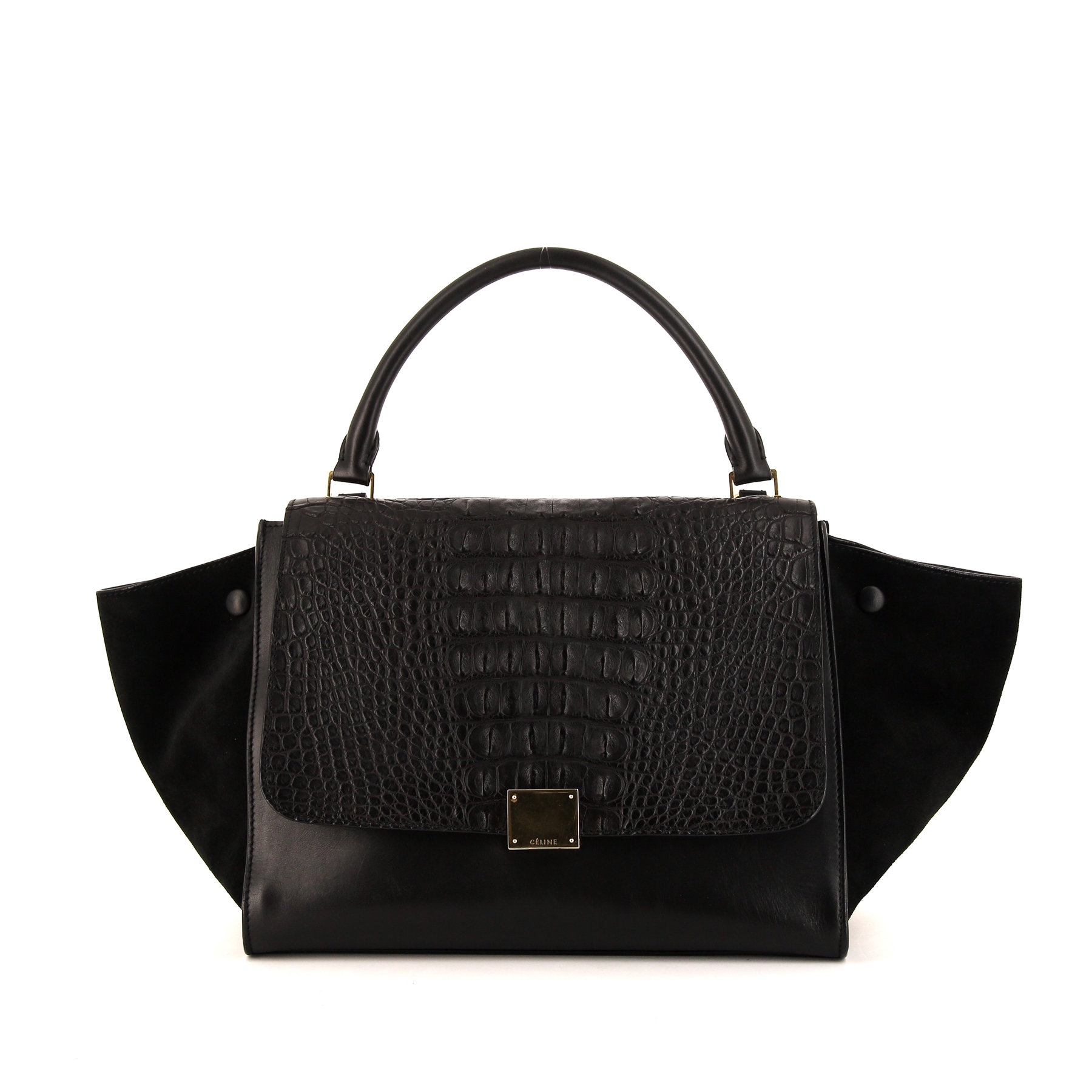 Borsa Celine Trapeze modello medio in pelle nera simil coccodrillo e camoscio nero - 360