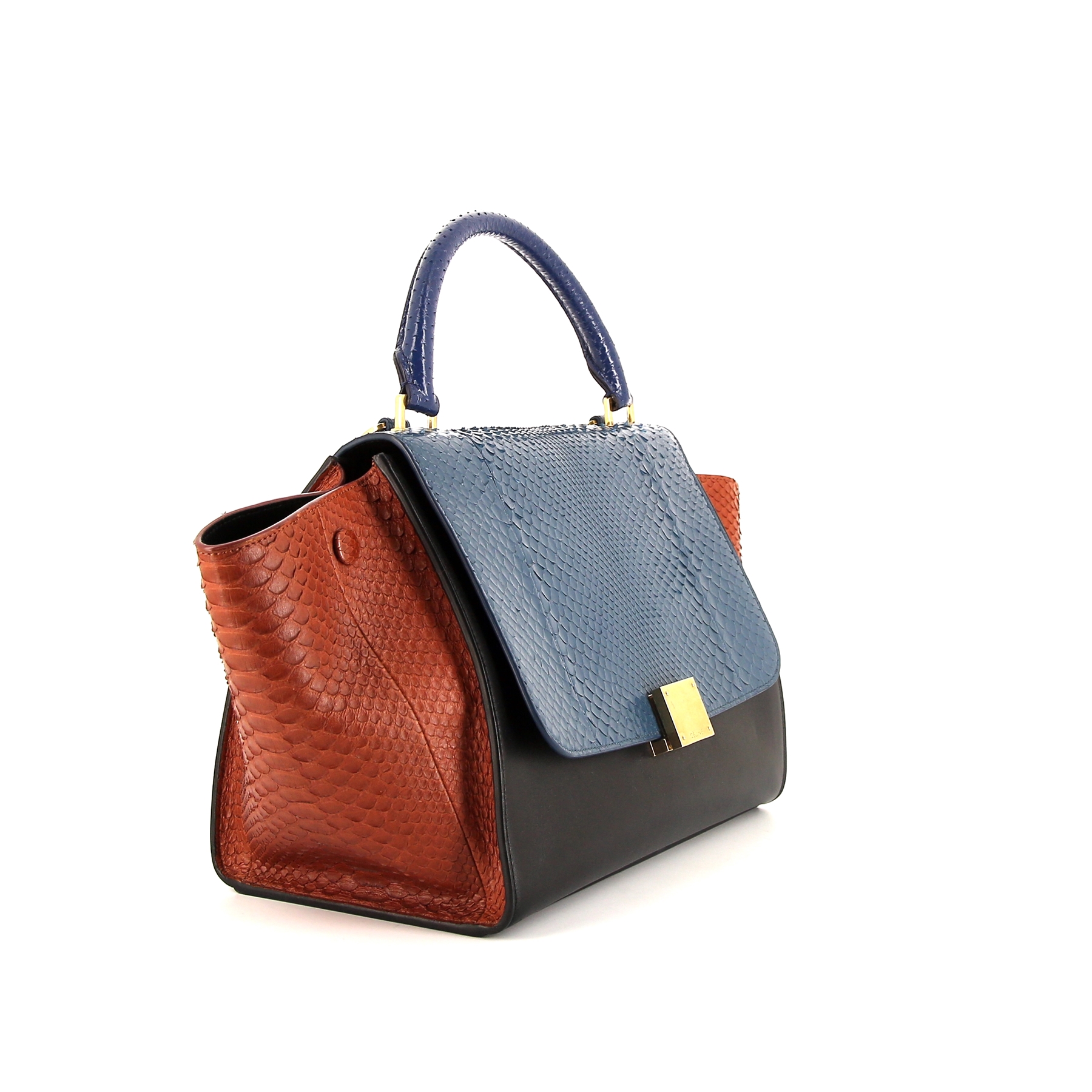 Celine Trapeze small model handbag in blue and orange python and black leather