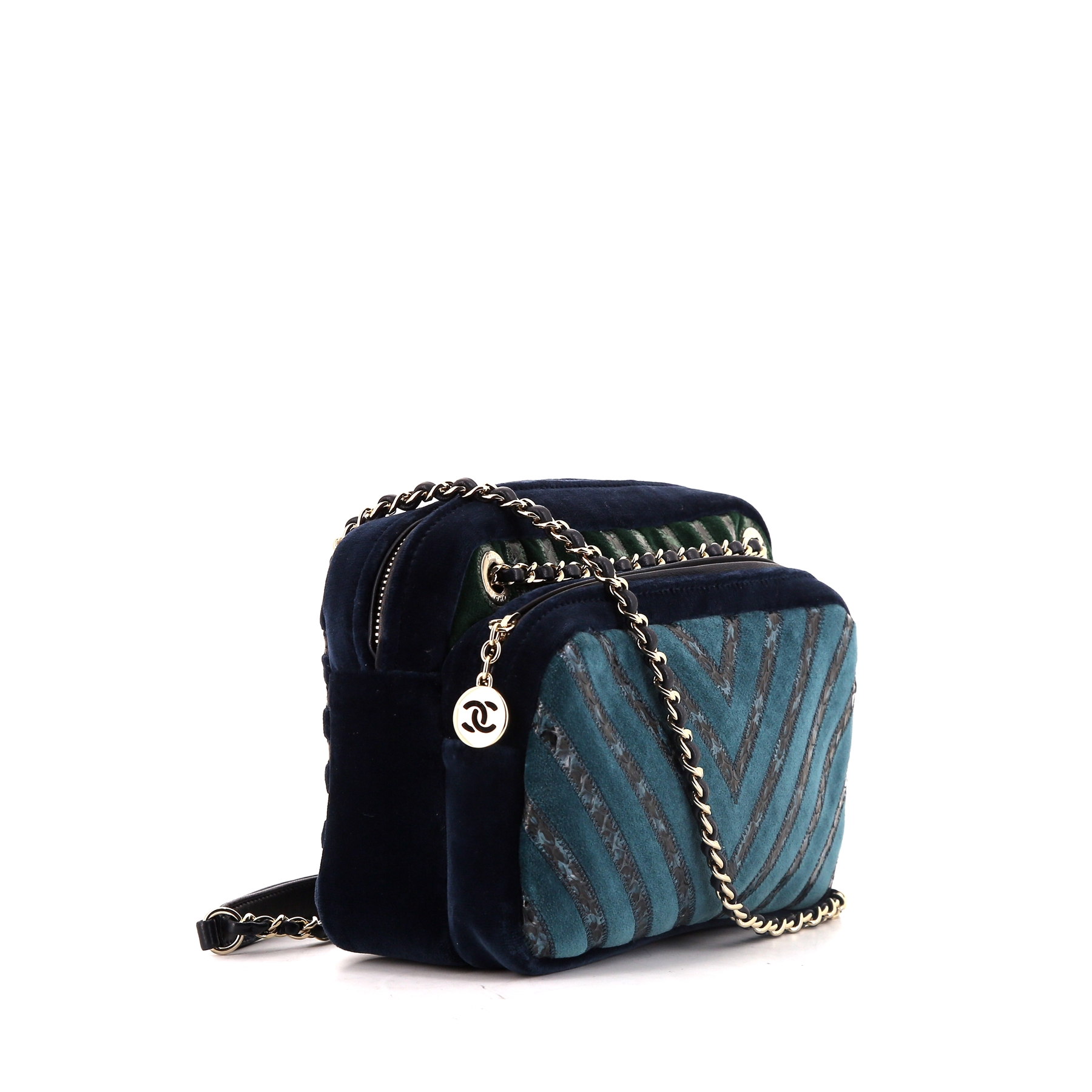 Sac bandoulière Chanel Camera en velours bleu, turquoise et vert et python