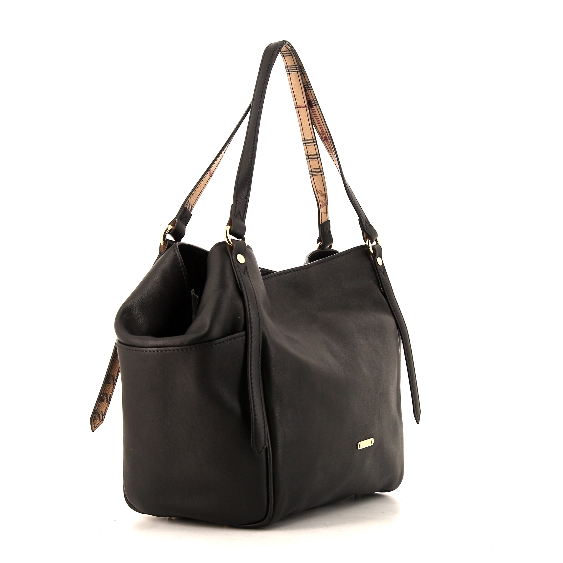 Burberry Canterbury shopping bag in black leather and beige Haymarket canvas