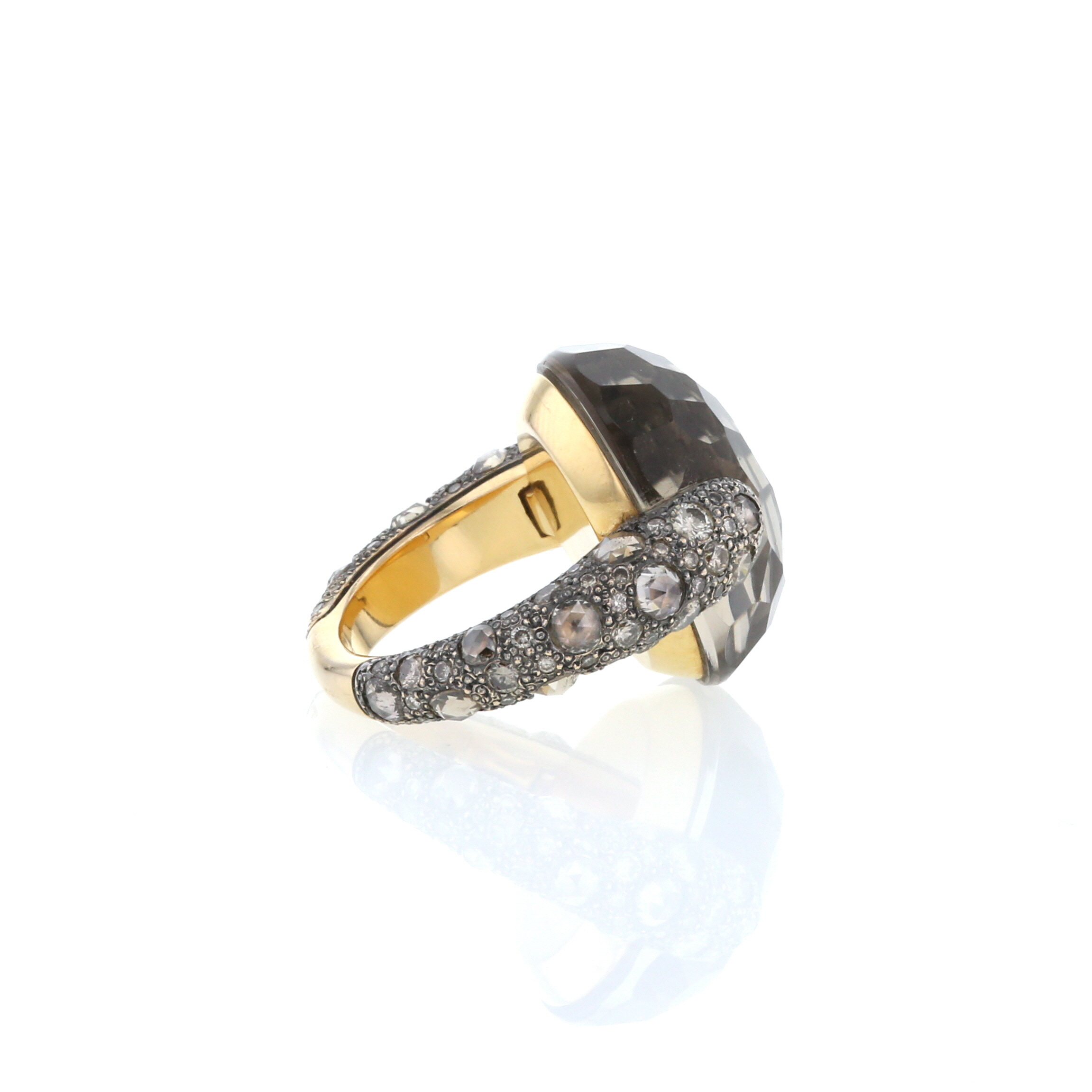 Bague Pomellato Tango grand modèle en or rose,  diamants brun et quartz fumé