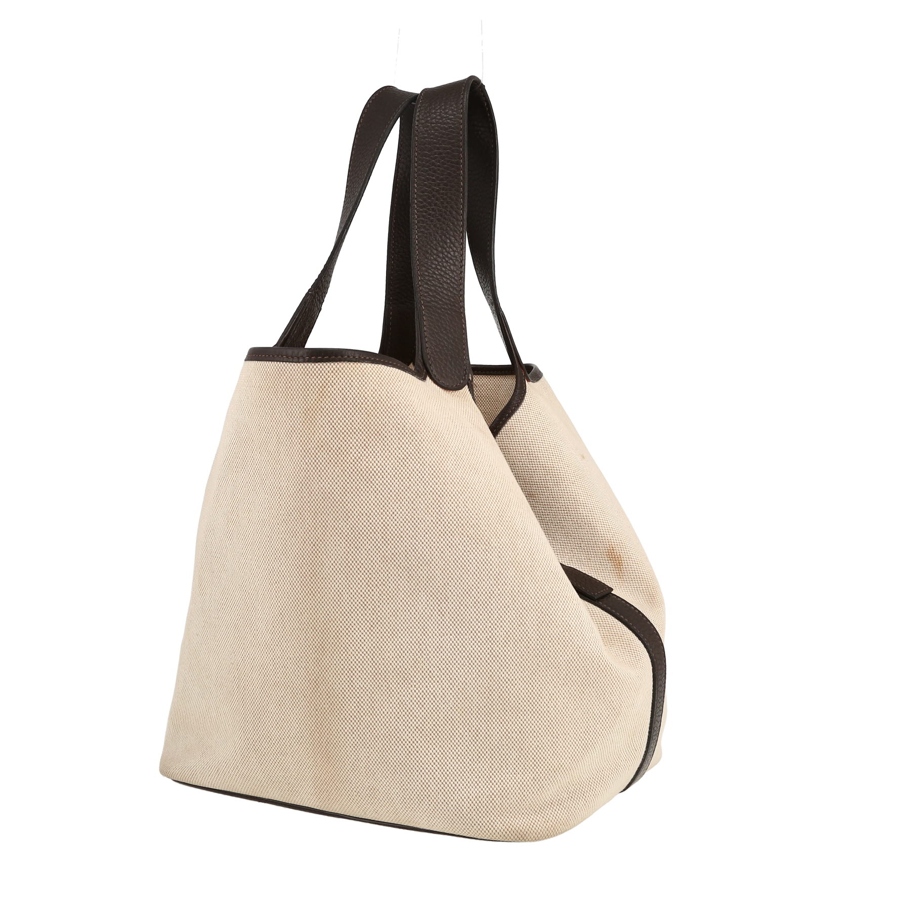 Hermes Picotin large model handbag in beige canvas and brown togo leather