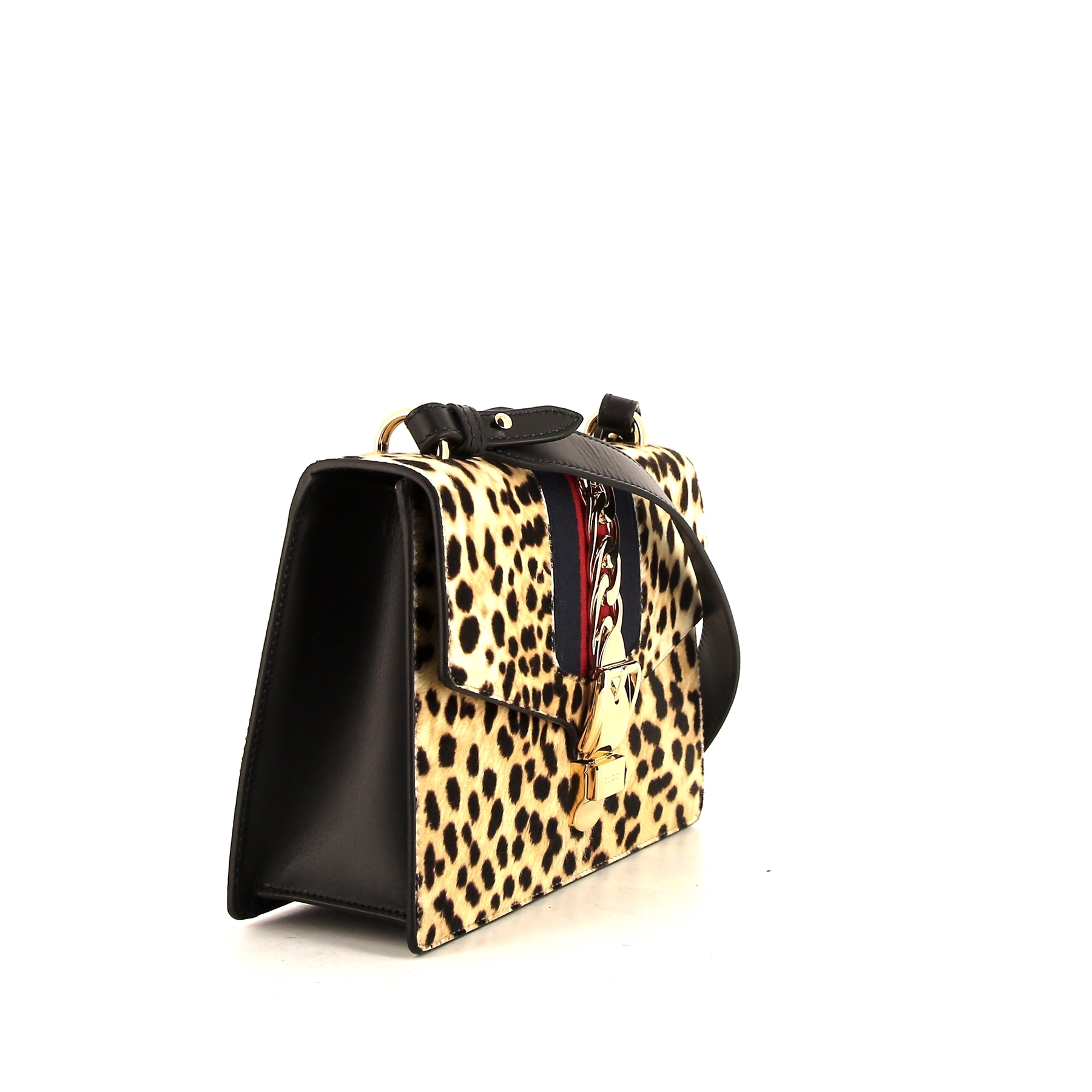 Sac porté épaule Gucci Sylvie en poulain beige et cuir noir