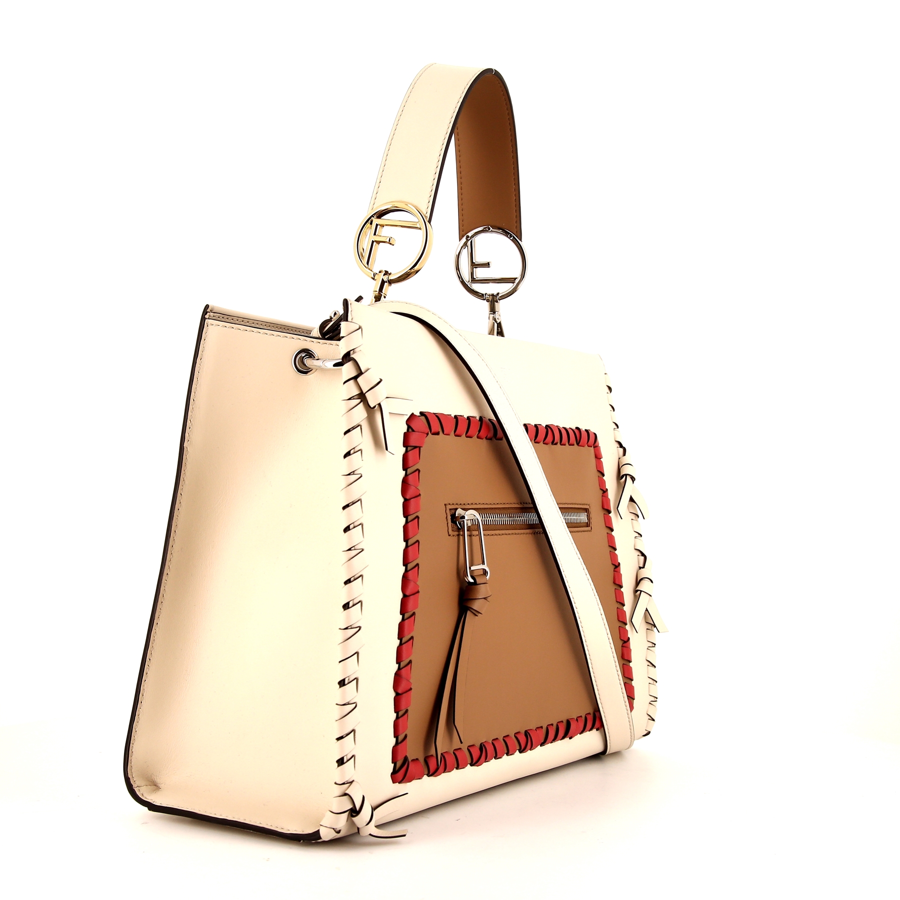 Fendi Runaway handbag in cream color, brown and red leather