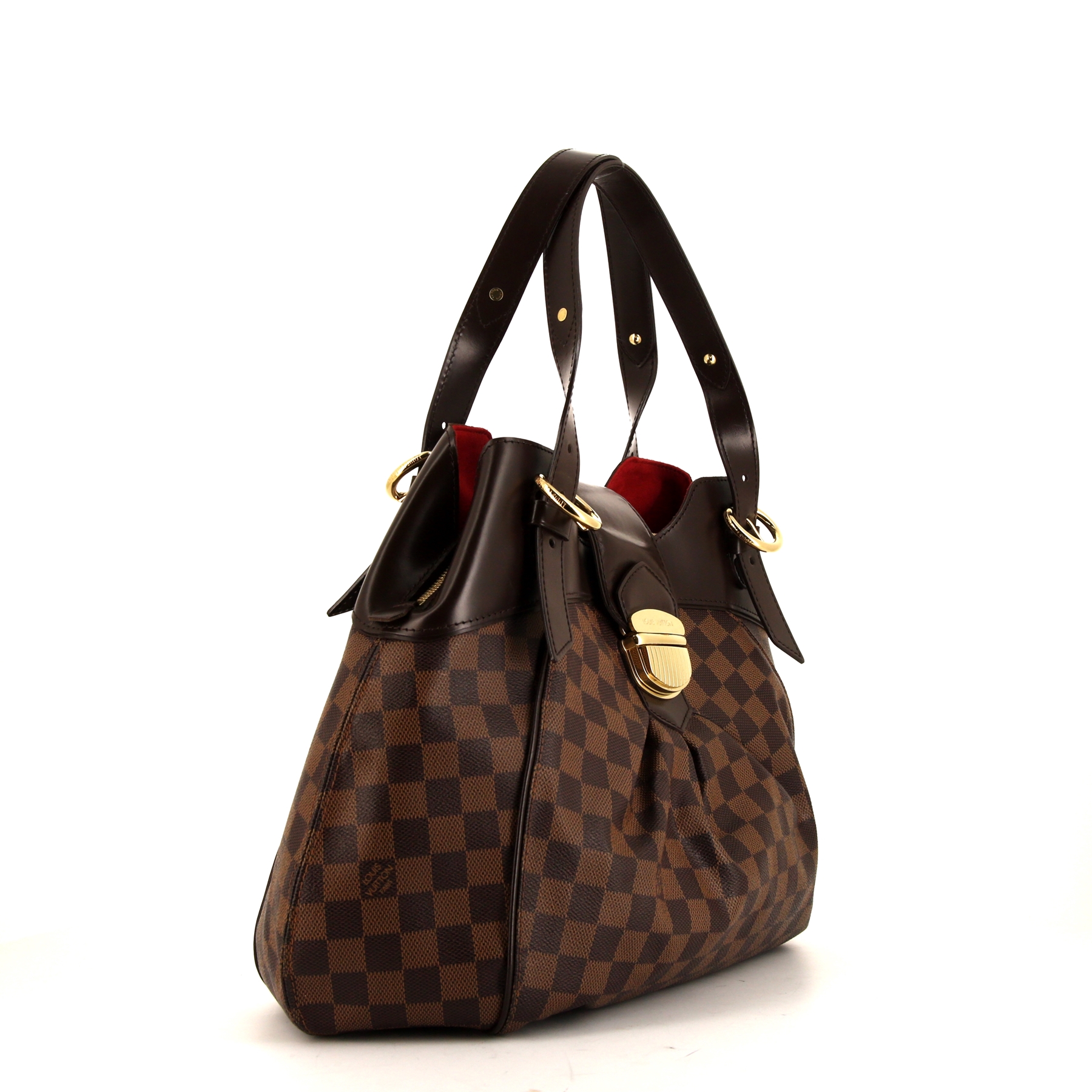 Sac porté épaule ou main Louis Vuitton Sistina en toile damier enduite marron et cuir glacé marron