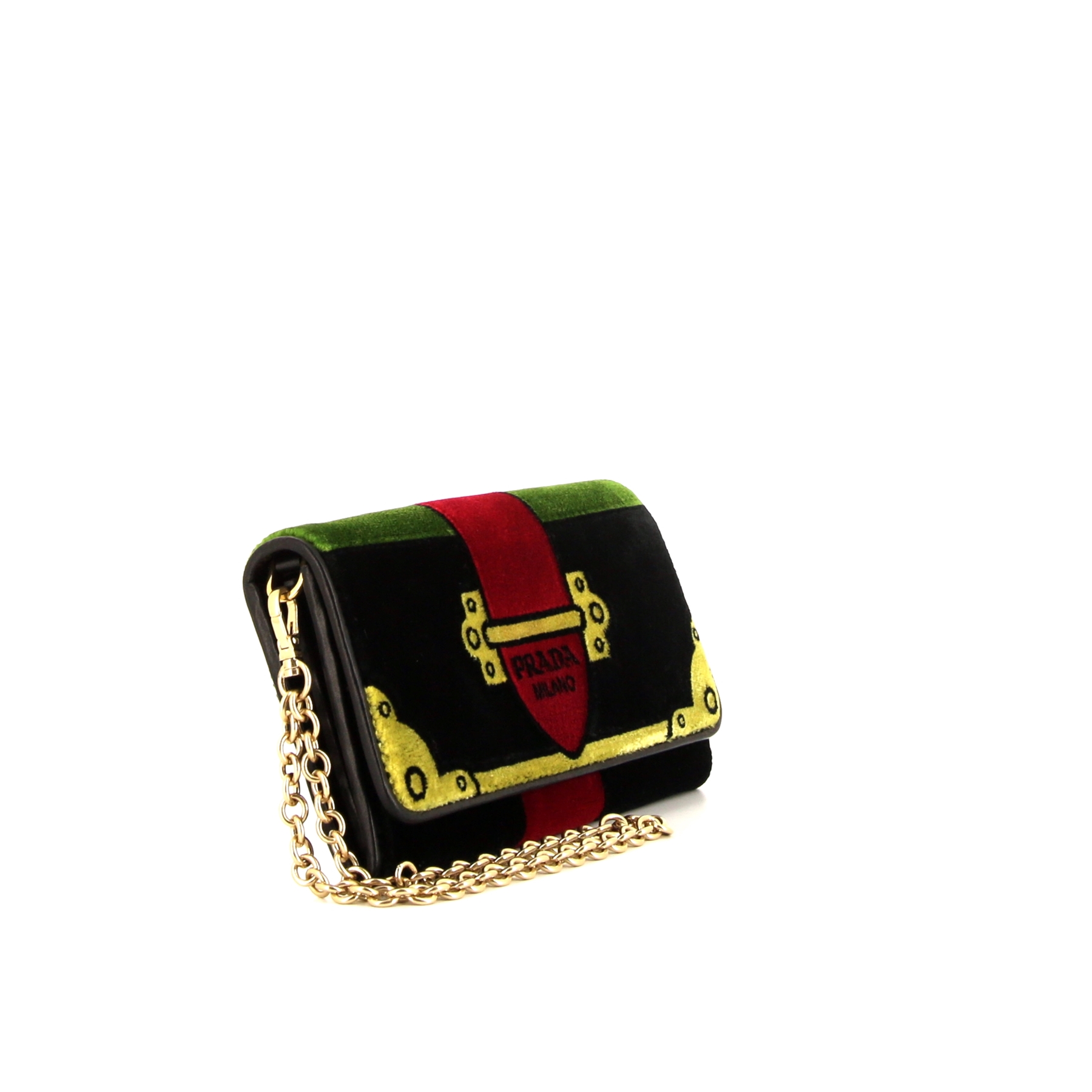 Prada Cahier pouch in green, red, yellow and black velvet