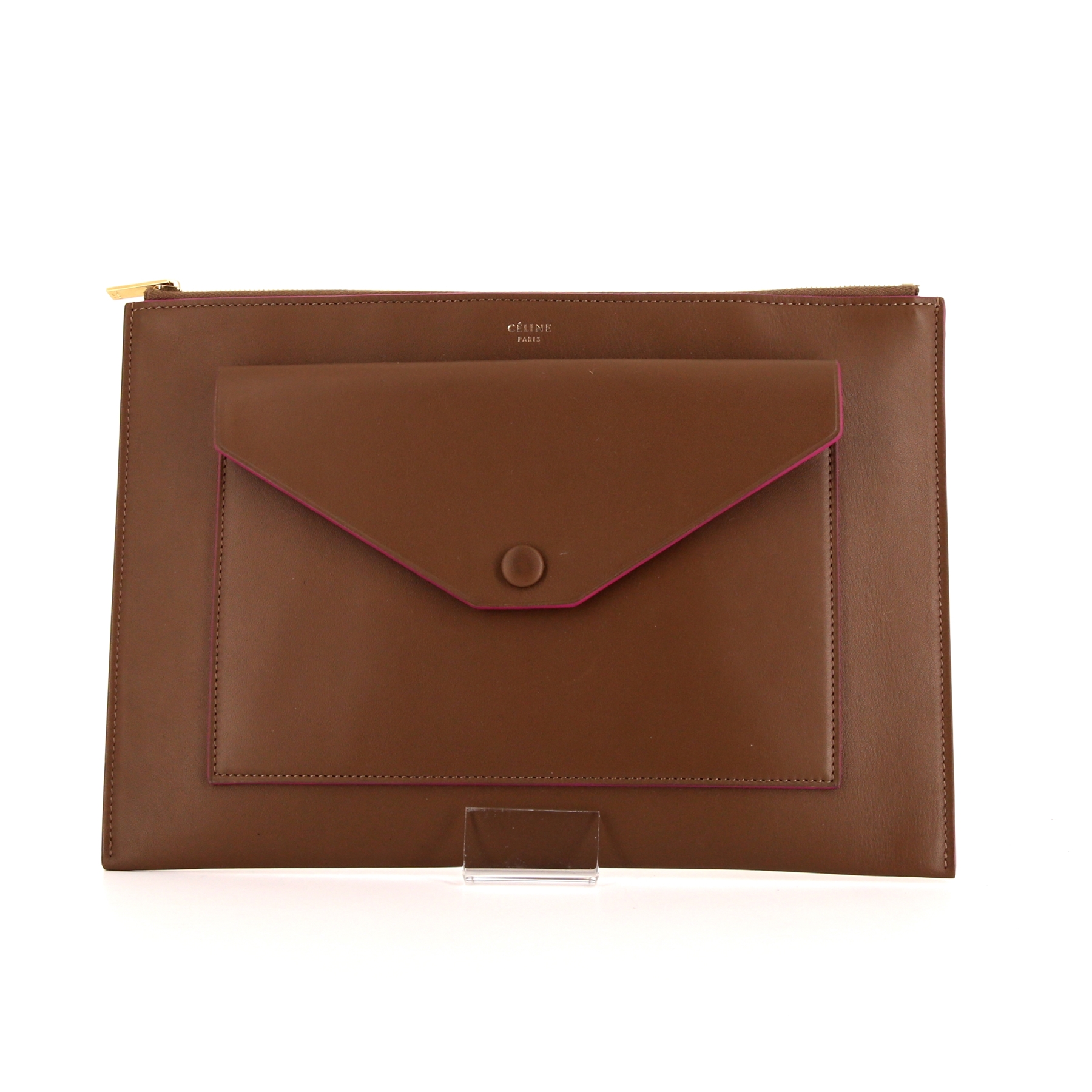 Clutch Pouch In Brown Leather And Pink Piping