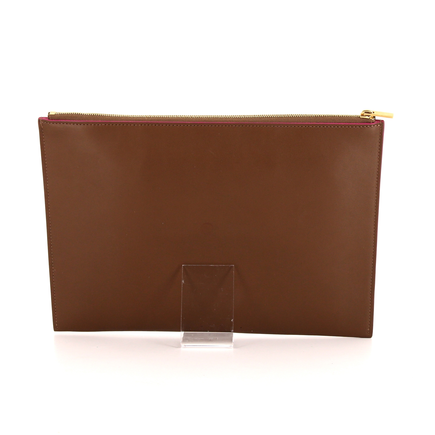 Clutch Pouch In Brown Leather And Pink Piping
