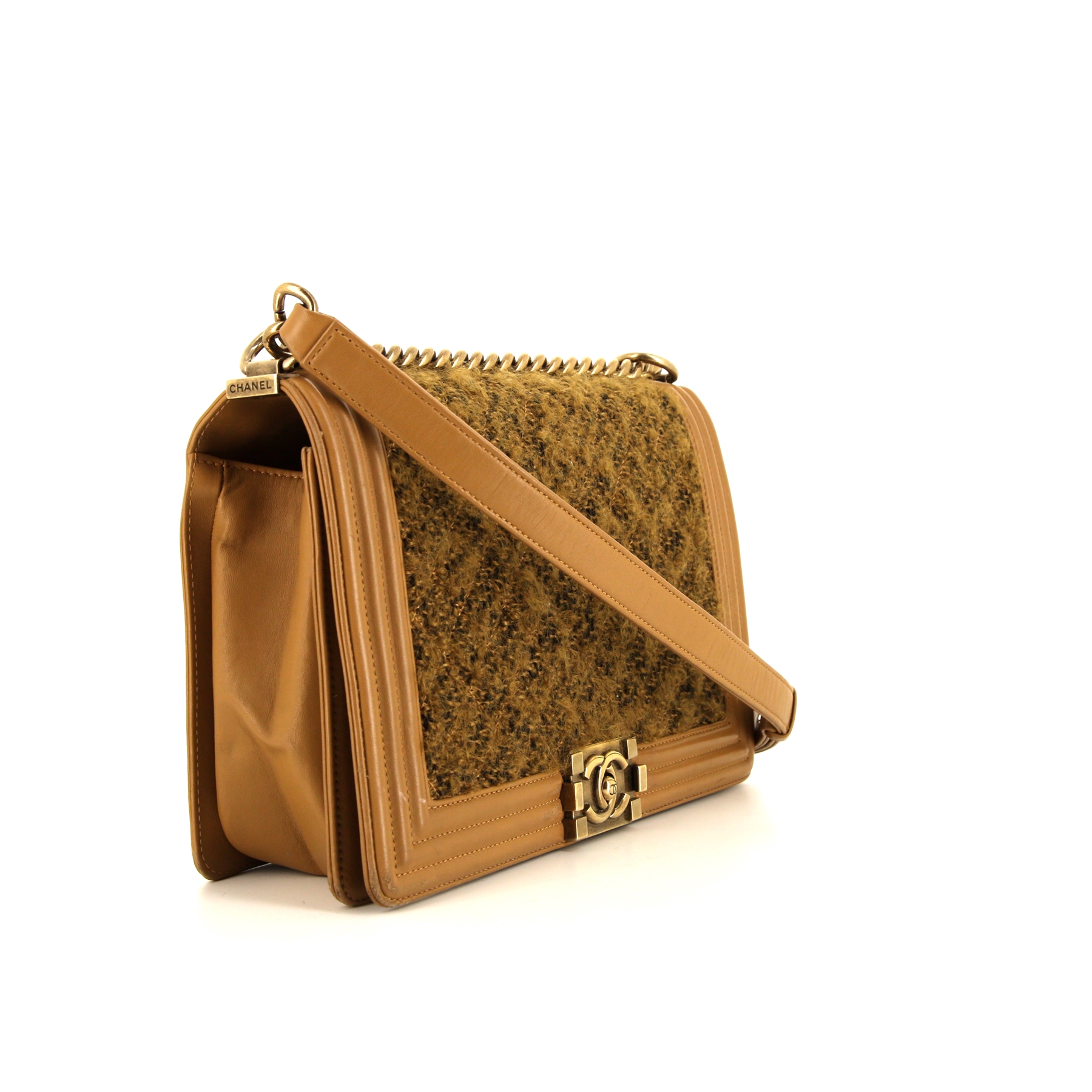 Sac bandoulière Chanel Boy grand modèle en laine marron et cuir marron