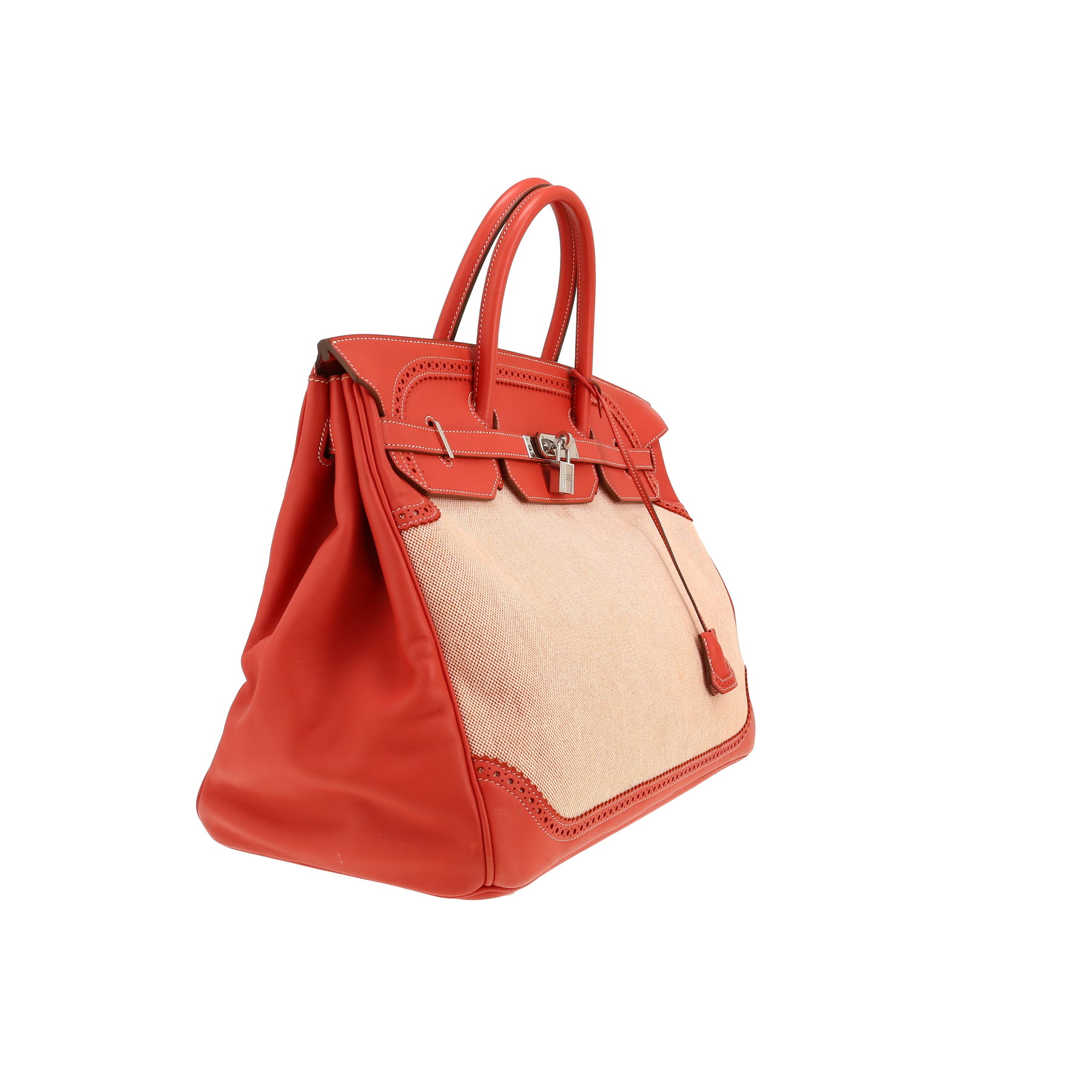 Borsa Hermes Birkin Ghillies 40 cm in pelle liscia sanguine e tela beige