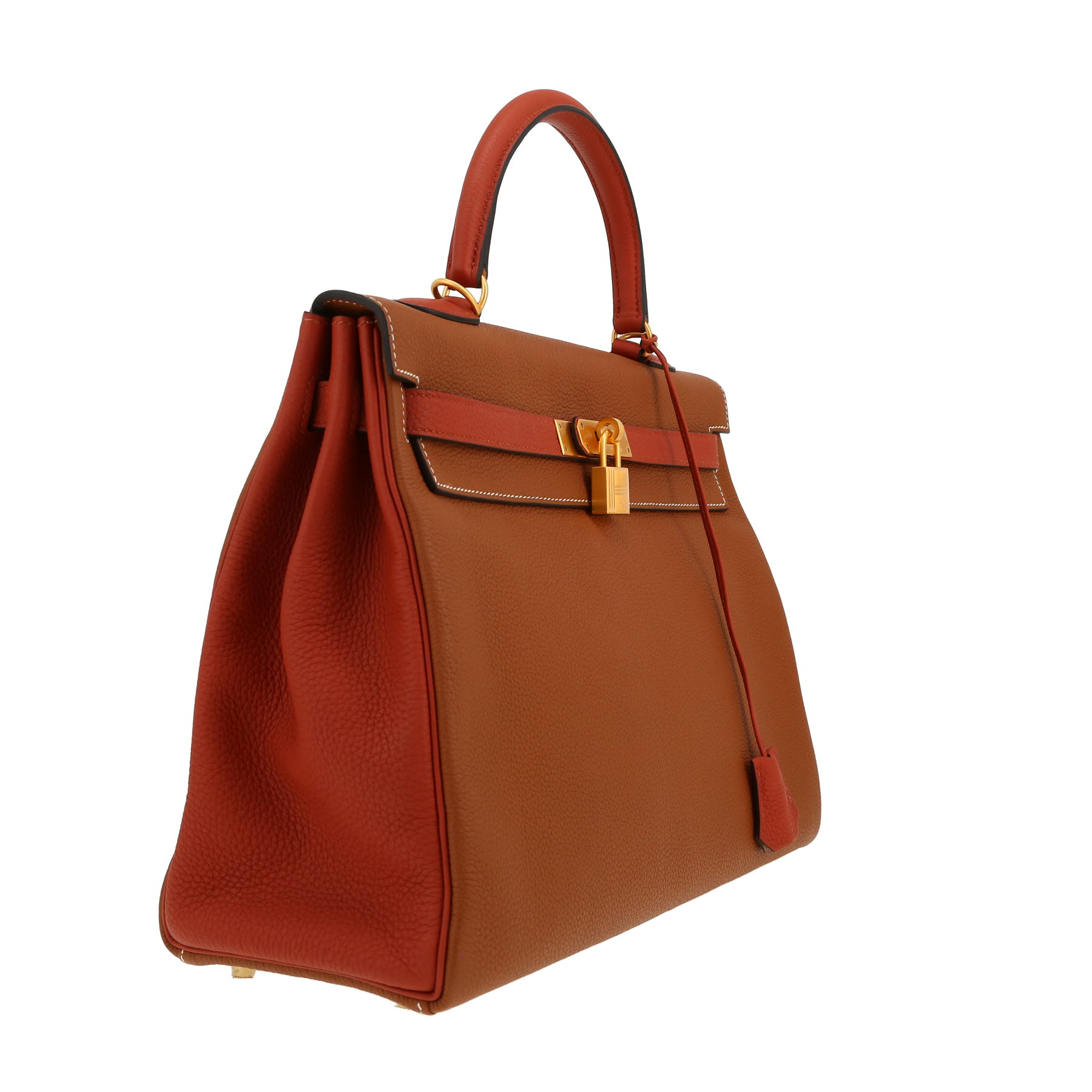 Hermes Kelly 35 cm handbag in brick red and gold bicolor togo leather
