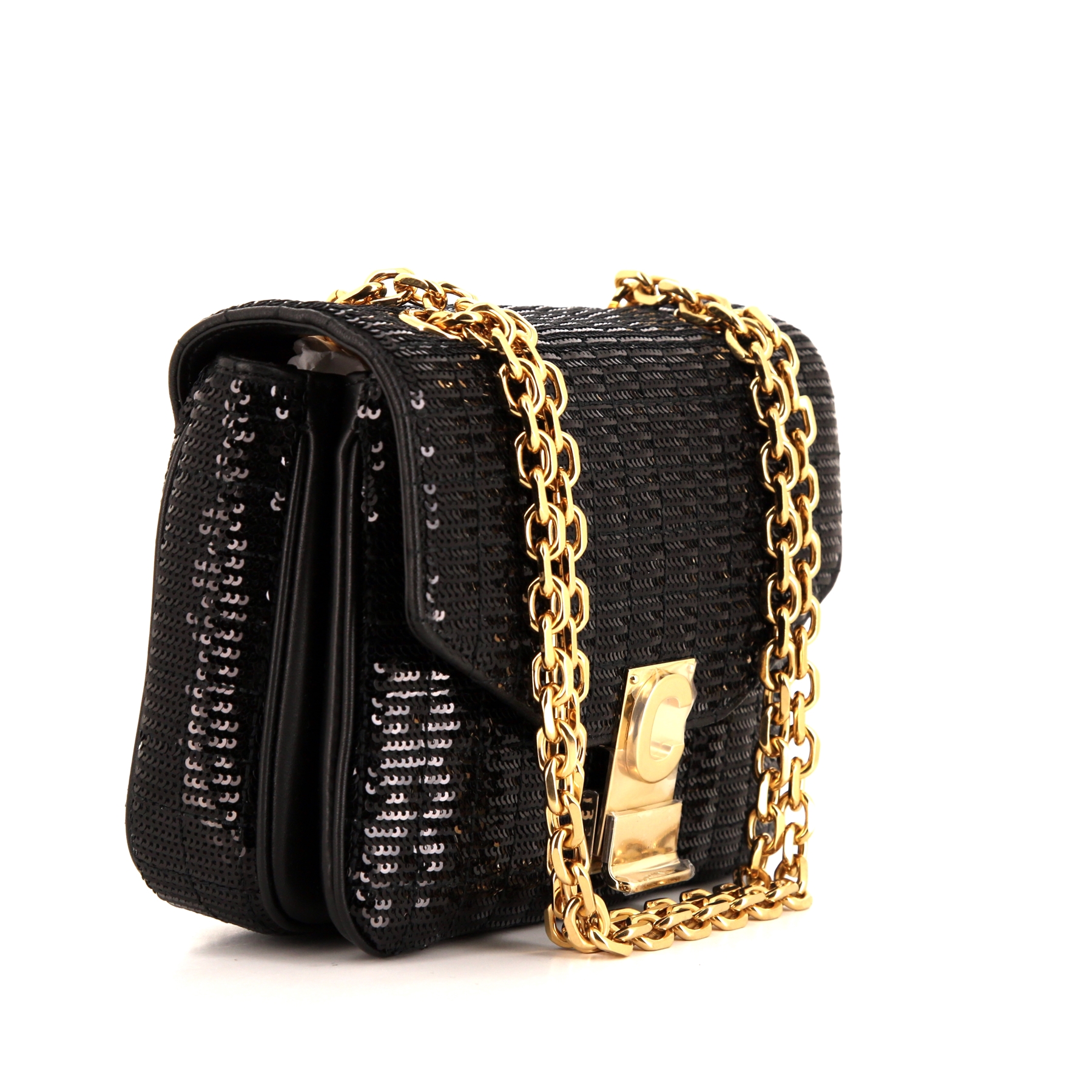 Bolso para llevar al hombro o en la mano Celine C bag en lentejuelas negras y cuero negro