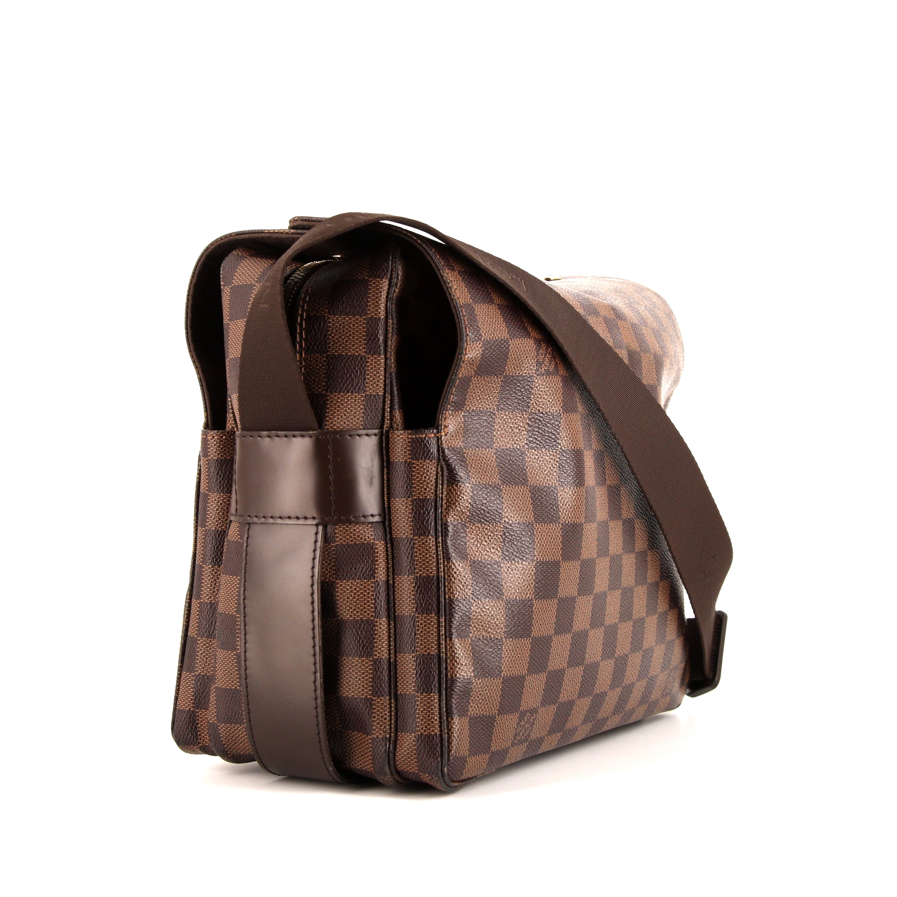 Borsa a tracolla Louis Vuitton Naviglio in tela cerata con motivo a scacchi ebano e pelle marrone