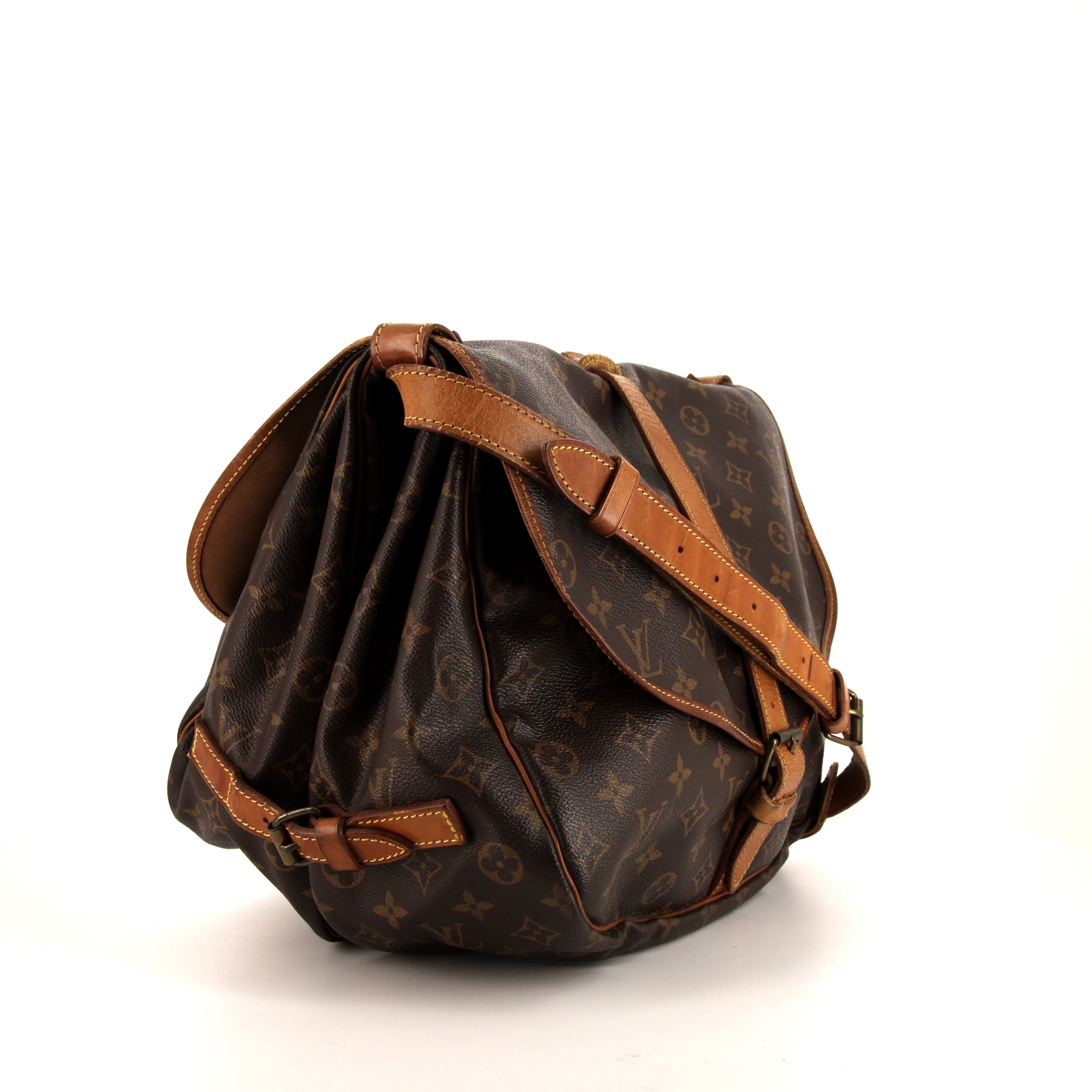 Sac bandoulière Louis Vuitton  Saumur grand modèle  en toile monogram enduite marron et cuir naturel